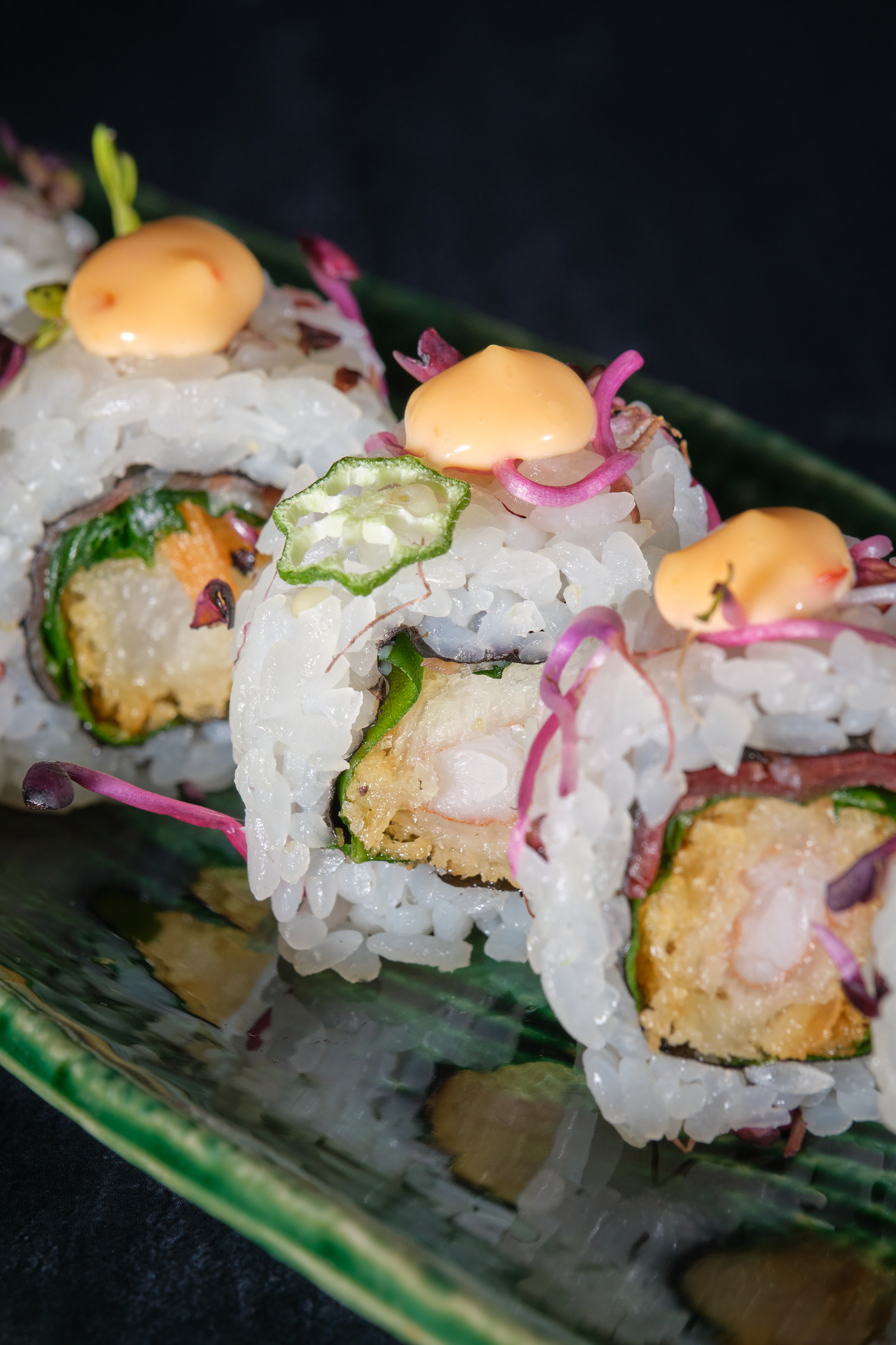 Overhead flat-lay of all ingredients for Citrusy Peruvian Acevichado Sushi with Tiger’s Milk laid out on a kitchen surface.