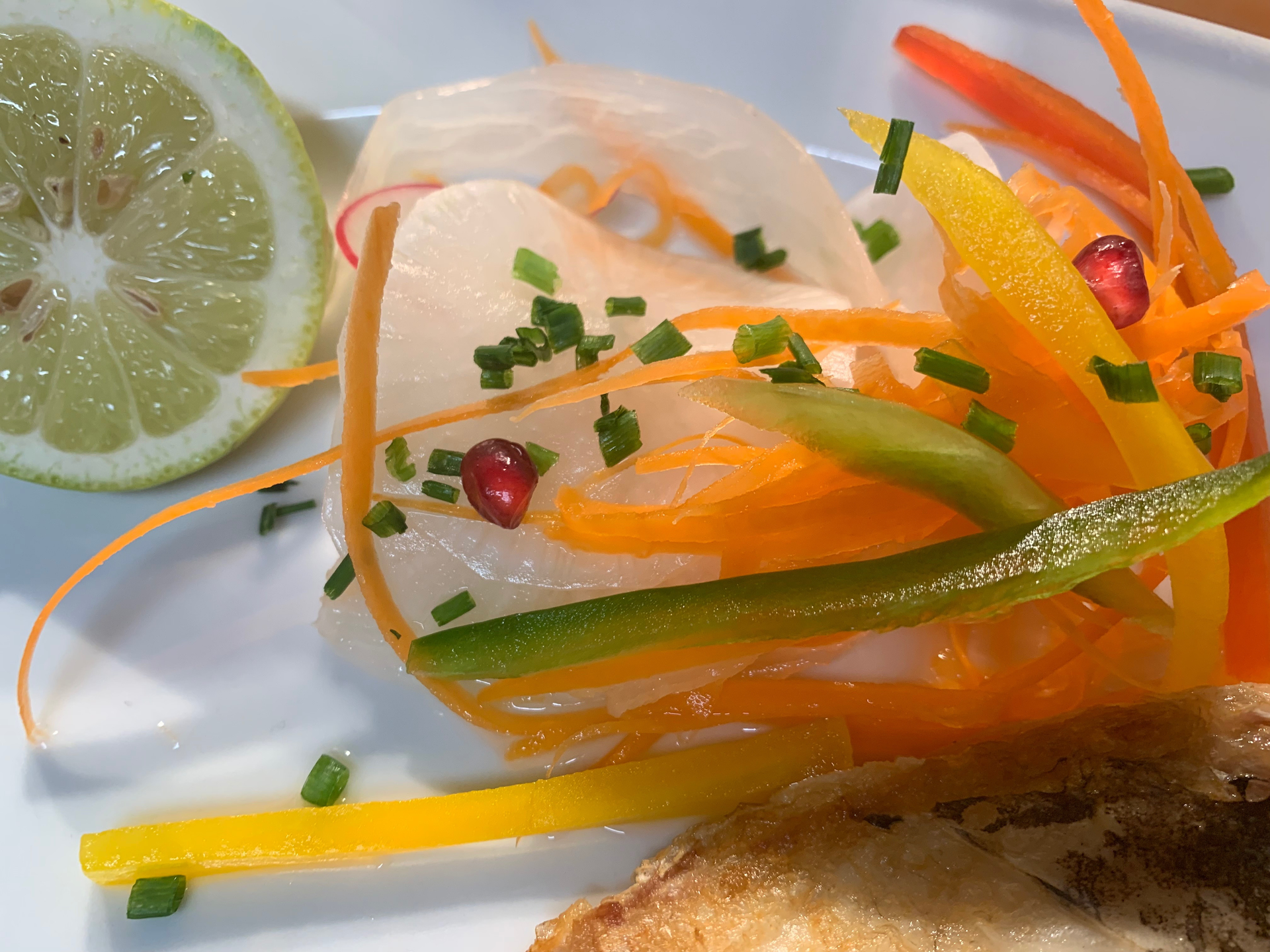 Overhead flat-lay of all ingredients for Citrusy Peruvian Leche de Tigre Ceviche with Sweet Potato laid out on a kitchen surface.