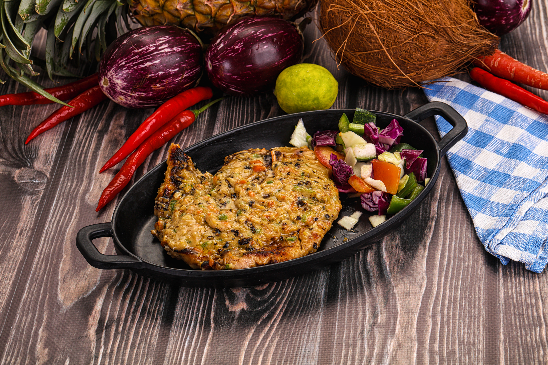 Coconut-Crusted Guyanese Pepperpot with Cassareep — Main Course served and photographed from above