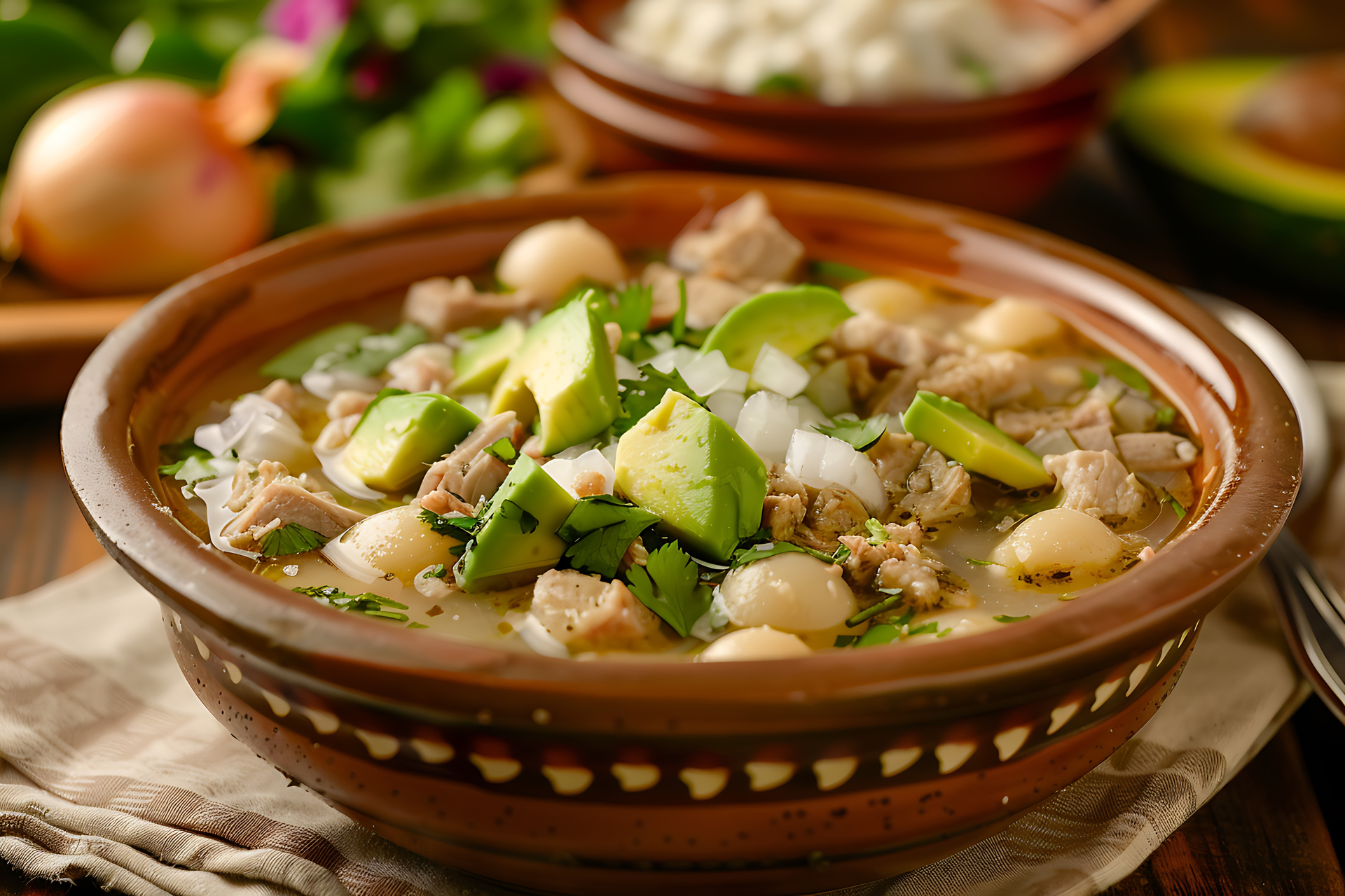 Overhead flat-lay of all ingredients for Colombian Ajiaco Bogotano with Crispy Capers and Avocado laid out on a kitchen surface.
