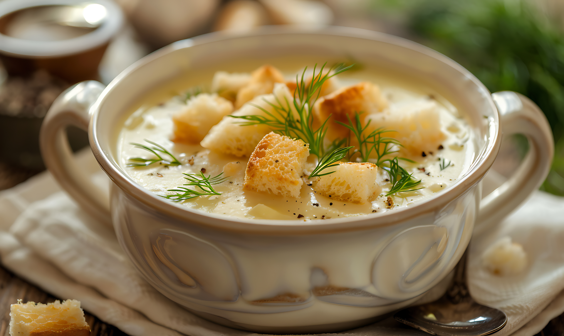 Overhead flat-lay of all ingredients for Creamy Austrian Garlic Soup with Croutons and Caraway laid out on a kitchen surface.