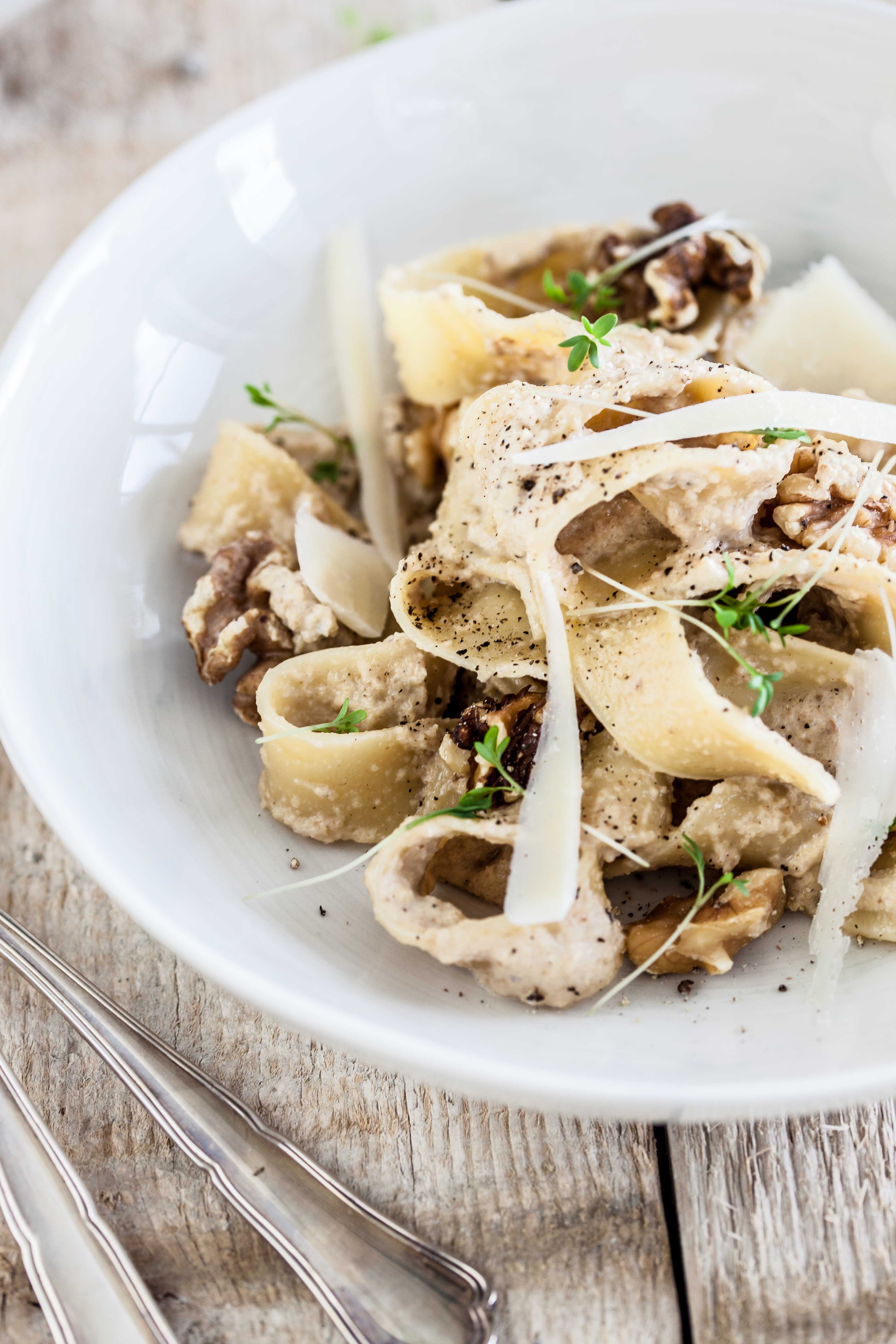 Creamy Bavarian Mushroom Spaetzle with Smoked Cheese and Thyme — Main Course served and photographed from above