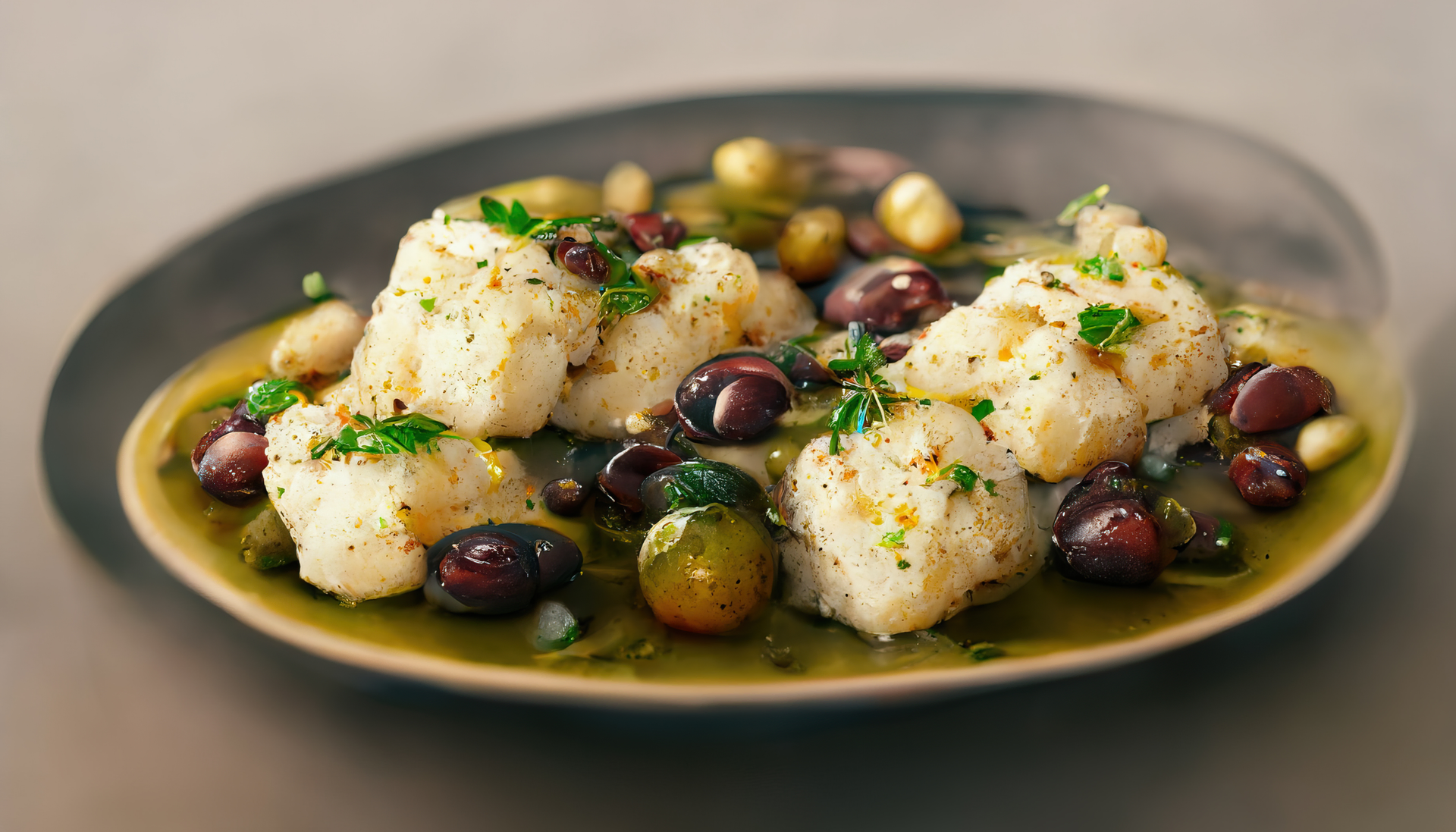 Overhead flat-lay of all ingredients for Creamy Brazilian Bacalhau à Gomes de Sá with Potato and Black Olives laid out on a kitchen surface.