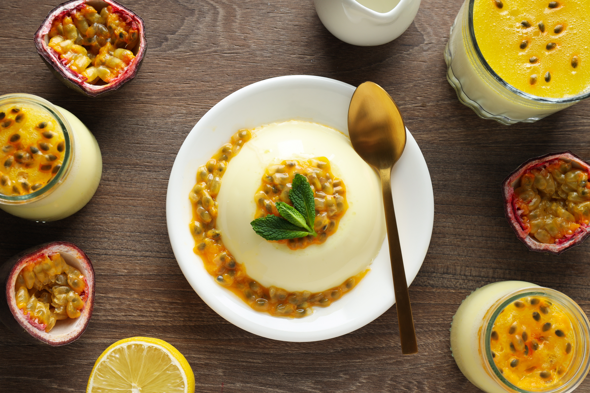 Creamy Brazilian Cassava Cheesecake with Passionfruit Sauce — Dessert served and photographed from above
