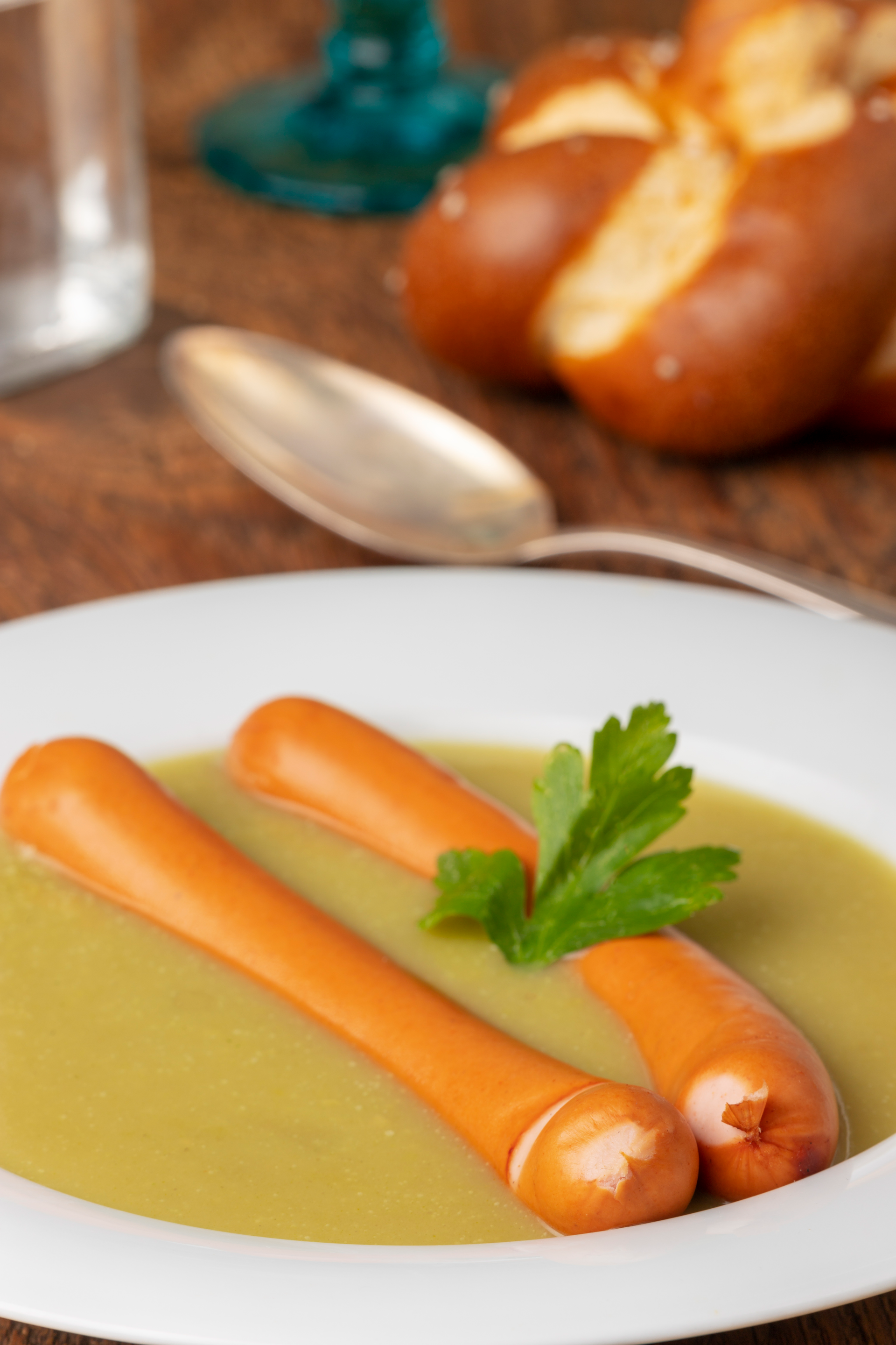 Creamy Dutch Erwtensoep with Smoked Sausage — Soup served and photographed from above