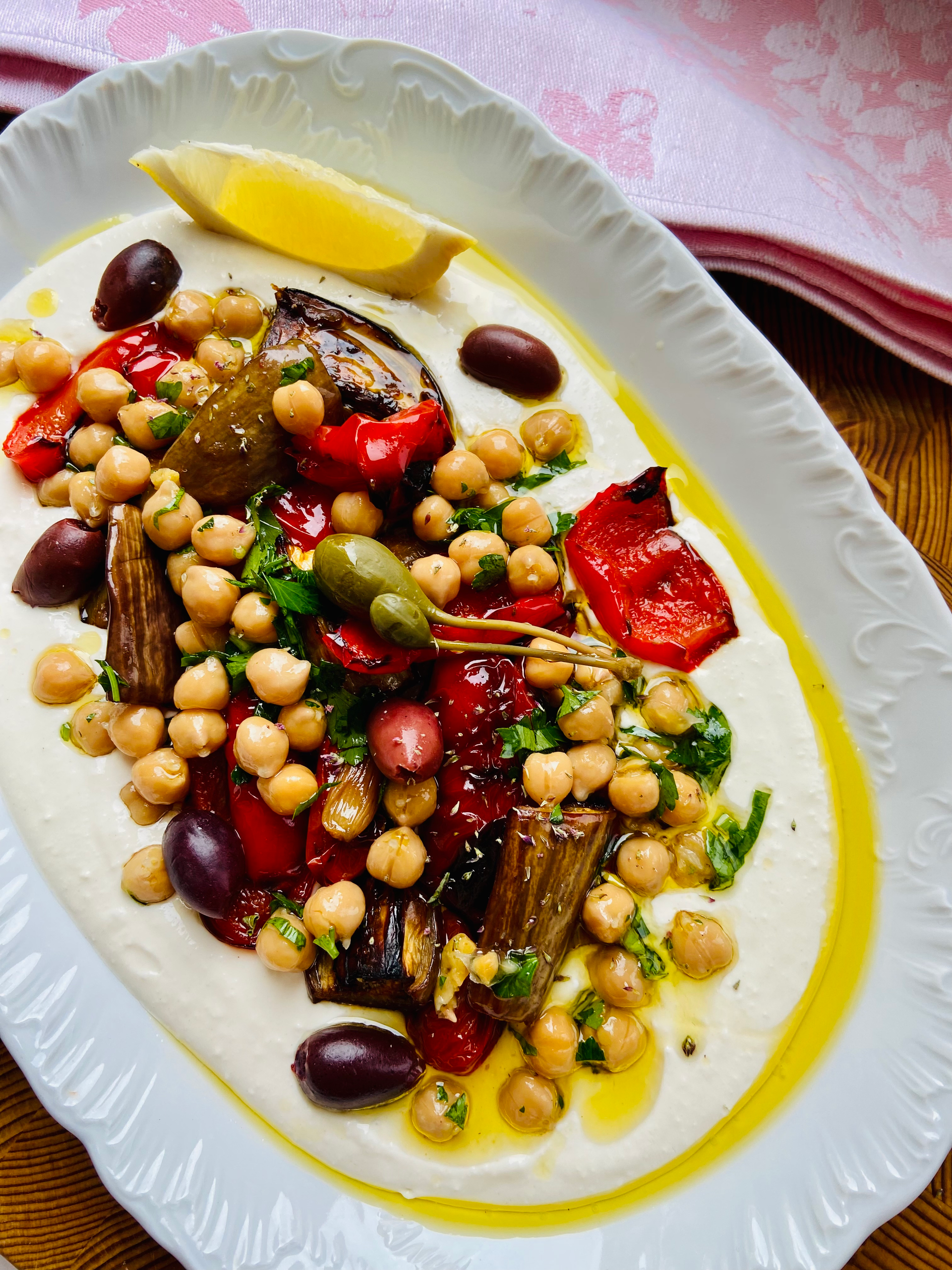 Creamy Egyptian Besara with Fava Beans and Olive Oil — Appetizer served and photographed from above