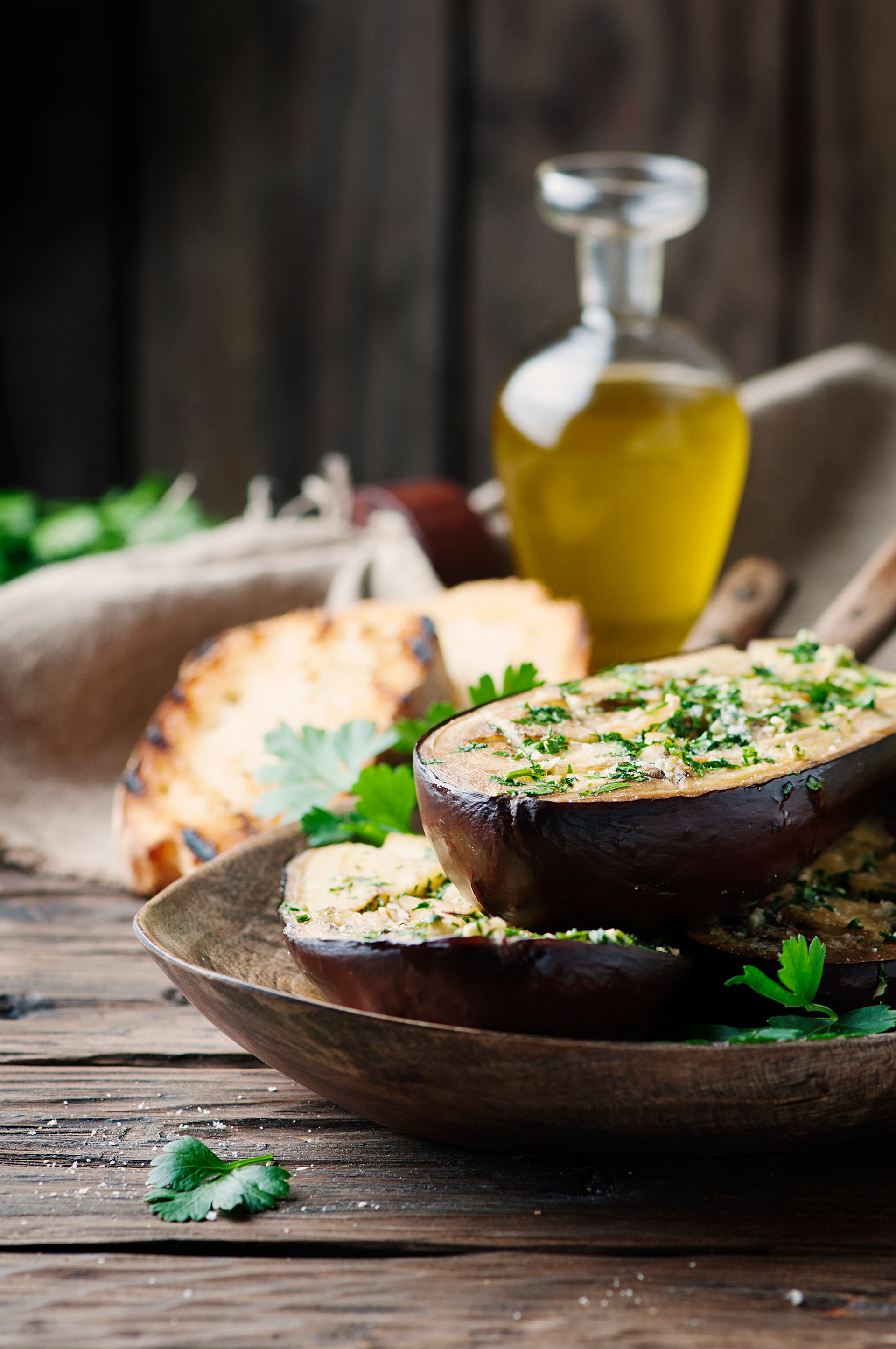 Overhead flat-lay of all ingredients for Creamy Egyptian Bessara with Olive Oil and Coriander laid out on a kitchen surface.