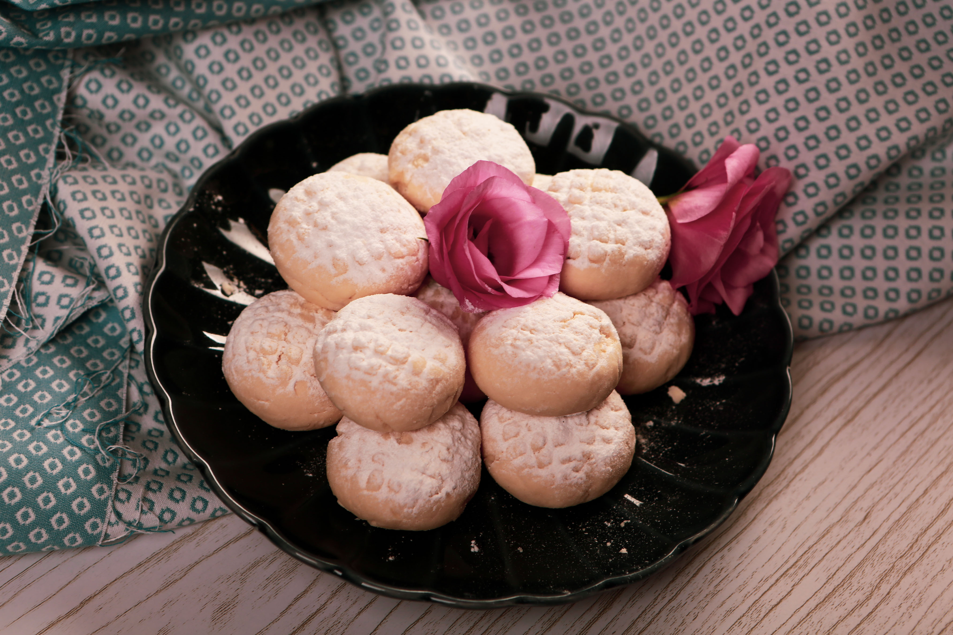 Creamy Egyptian Kahk Cookies with Rosewater Essence — Dessert served and photographed from above