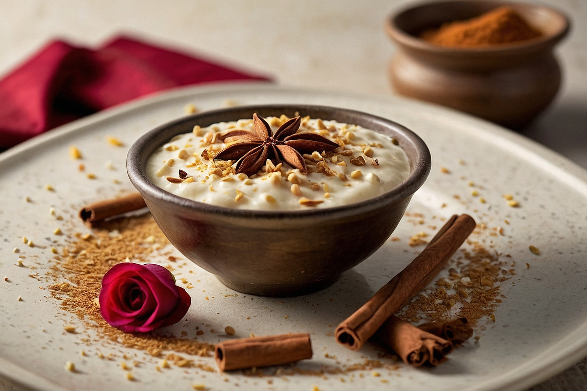 Overhead flat-lay of all ingredients for Creamy Egyptian Roz Bel Laban with Cinnamon laid out on a kitchen surface.