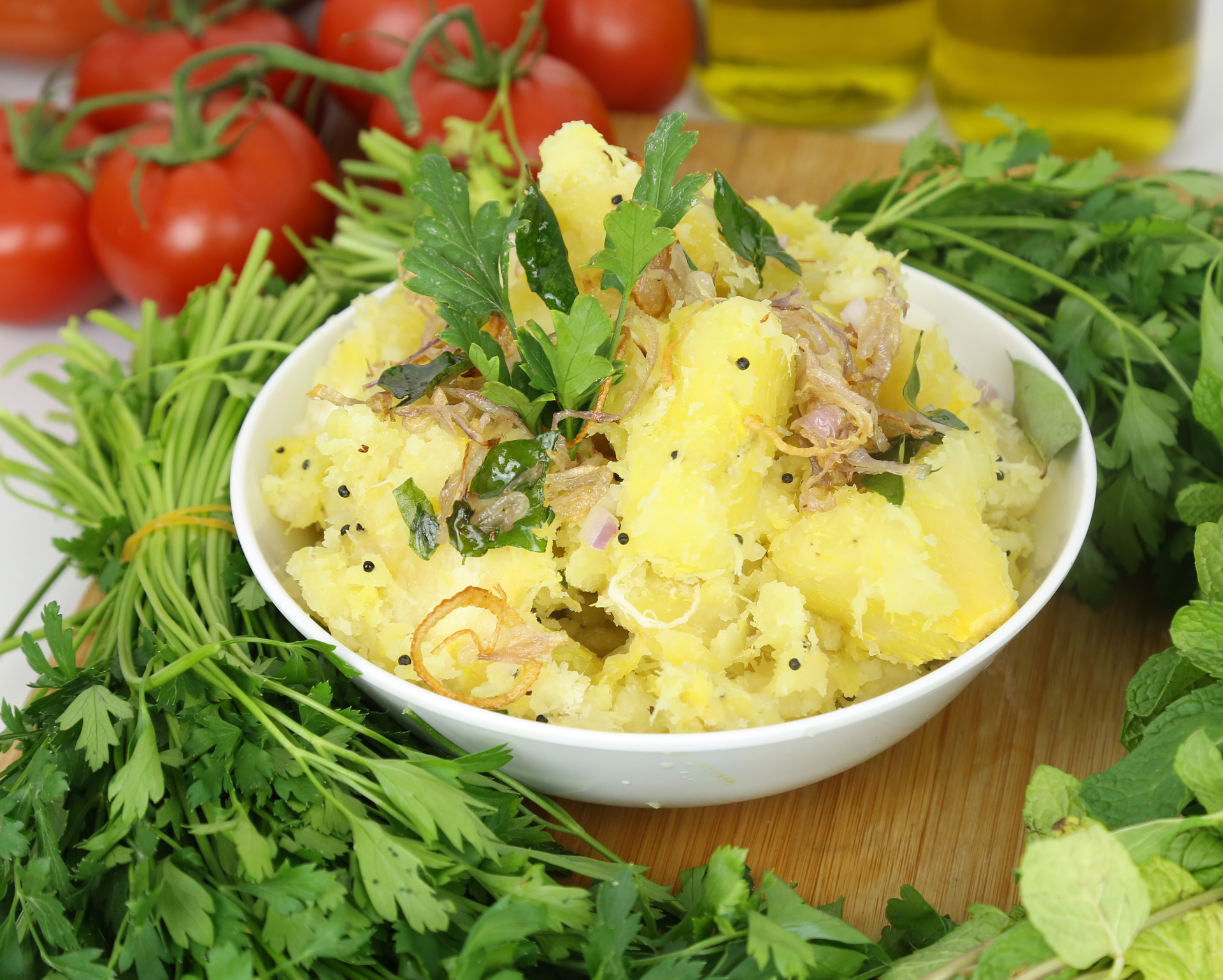 Overhead flat-lay of all ingredients for Creamy Finnish Karelian Potatoes with Dill Sauce laid out on a kitchen surface.