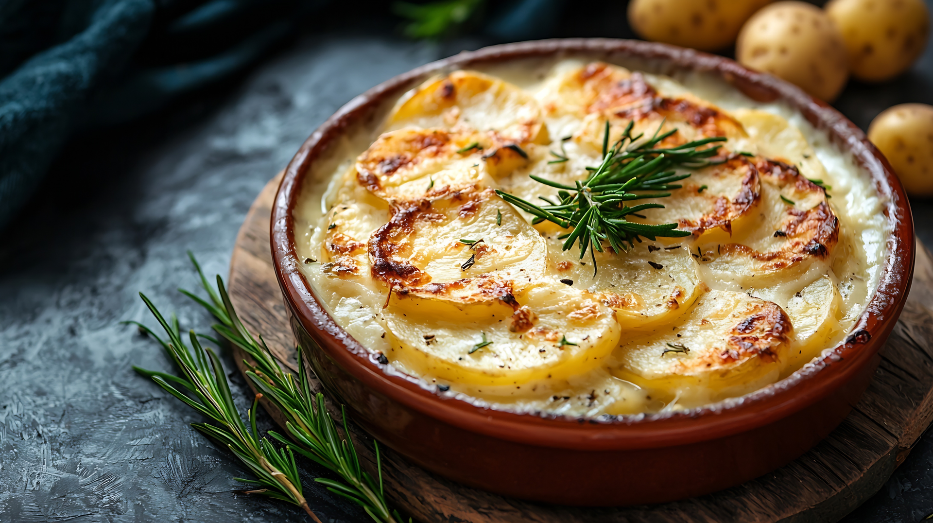 Overhead flat-lay of all ingredients for Creamy French Dauphinoise Potatoes with Gruyère Cheese laid out on a kitchen surface.