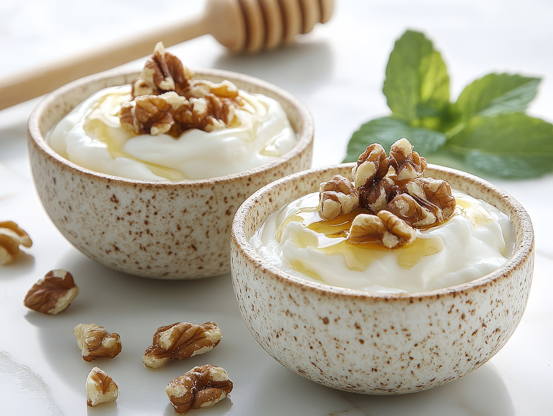 Creamy Greek Honey Thyme Yogurt with Walnut Dukkah — Dessert served and photographed from above