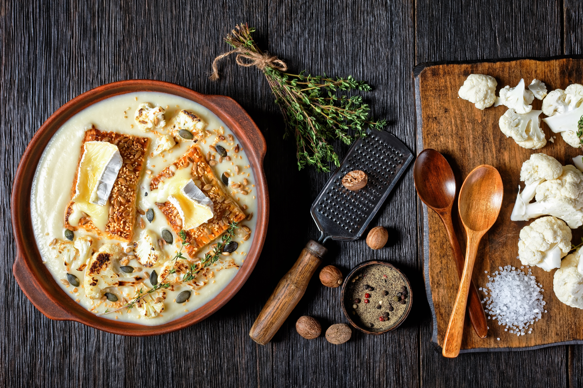 Overhead flat-lay of all ingredients for Creamy Hungarian Gulyás Soup with Dumplings and Parsley laid out on a kitchen surface.