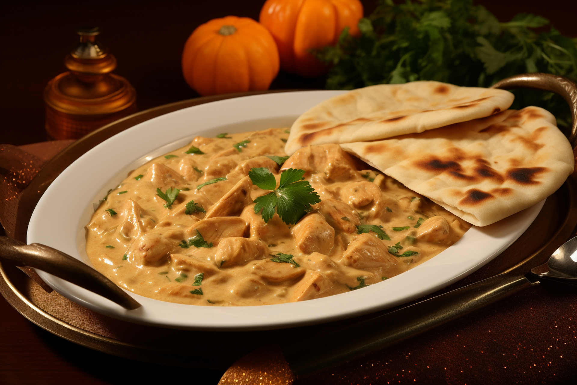 Overhead flat-lay of all ingredients for Creamy Indian Butter Chicken with Garlic Naan laid out on a kitchen surface.