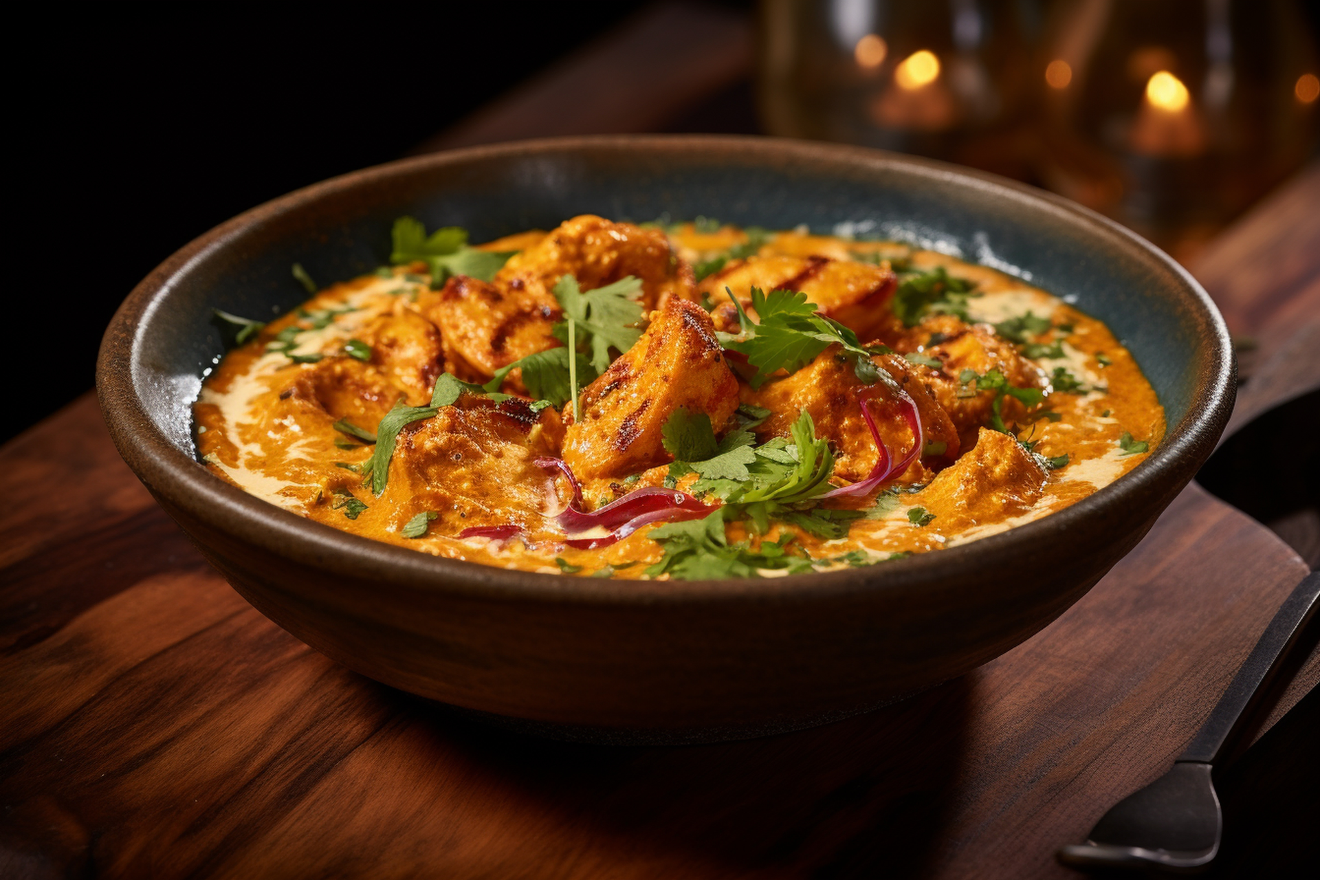 Creamy Indian Saffron Chicken Korma with Almond Gravy — Main Course served and photographed from above