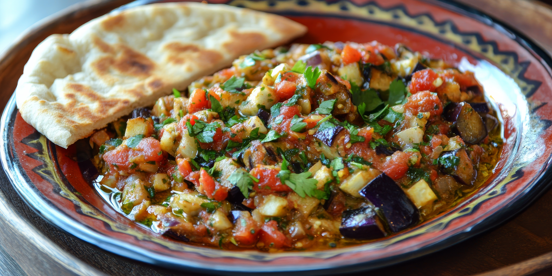 Creamy Iranian Khoresht Bademjan with Eggplant and Lamb — Main Course served and photographed from above
