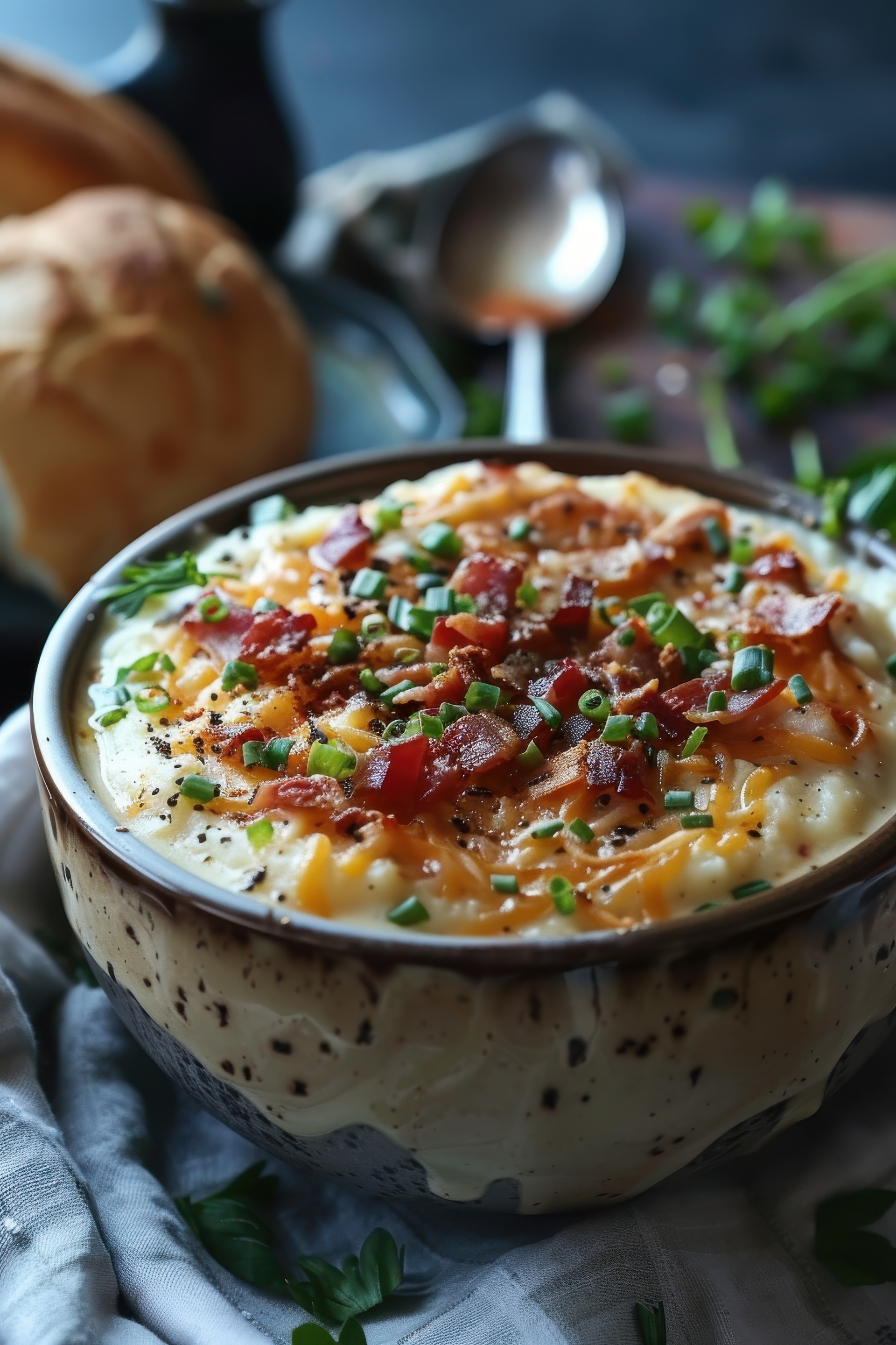 Creamy Irish Colcannon Soup with Crispy Bacon Bits — Soup served and photographed from above