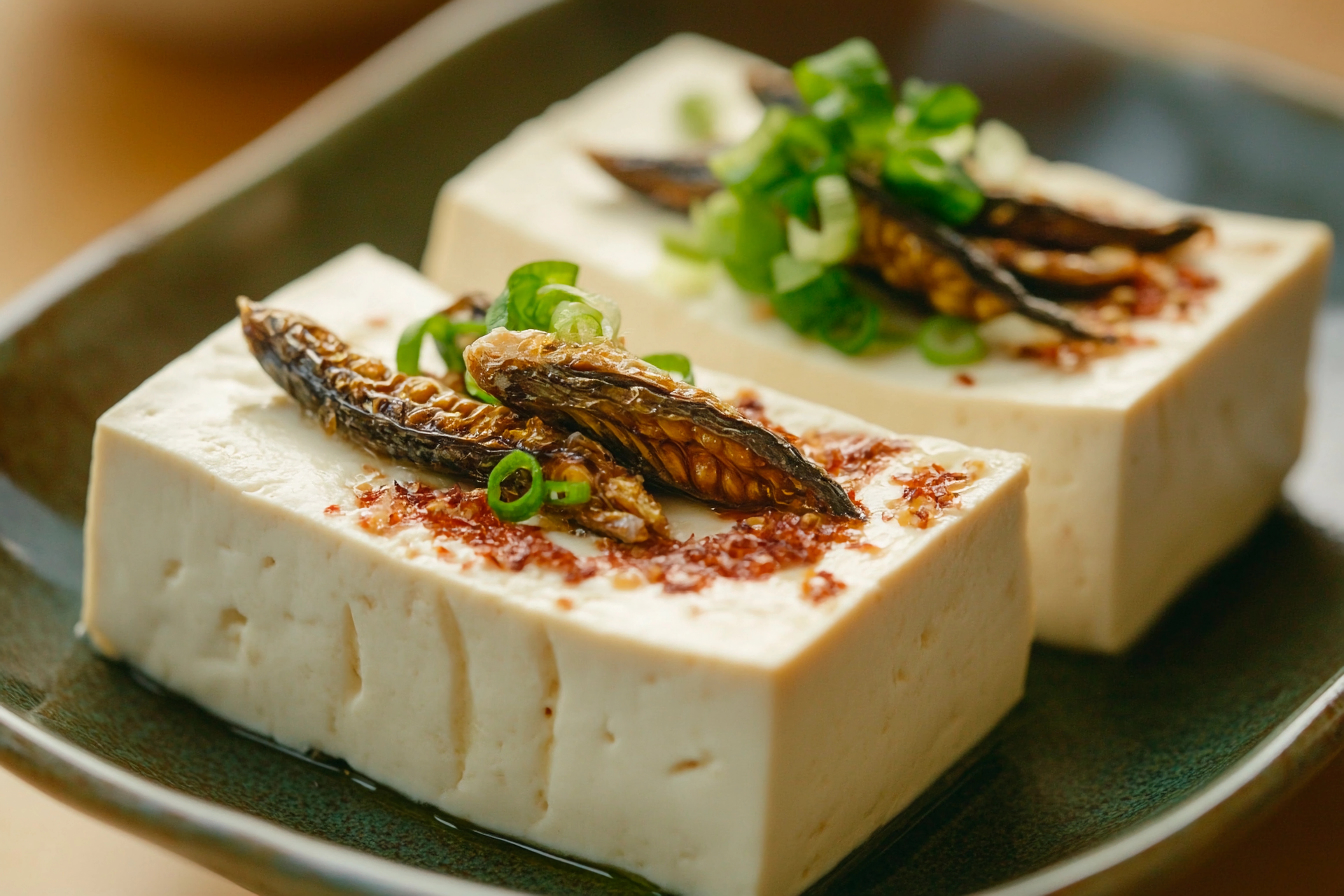 Overhead flat-lay of all ingredients for Creamy Japanese Tofu Ankake with Dashi Broth laid out on a kitchen surface.