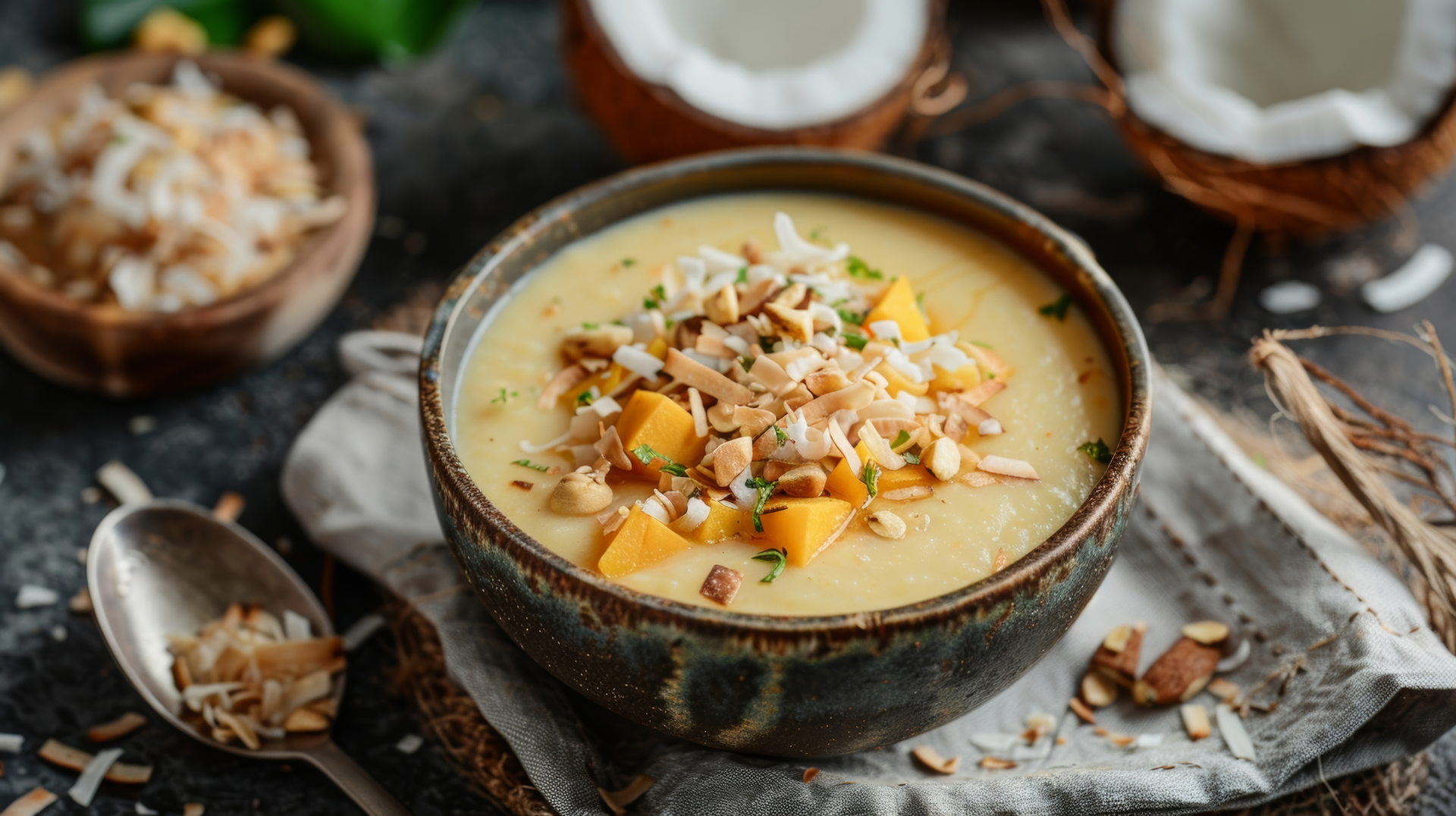 Creamy Kenyan Githeri Soup with Coconut and Corn — Soup served and photographed from above