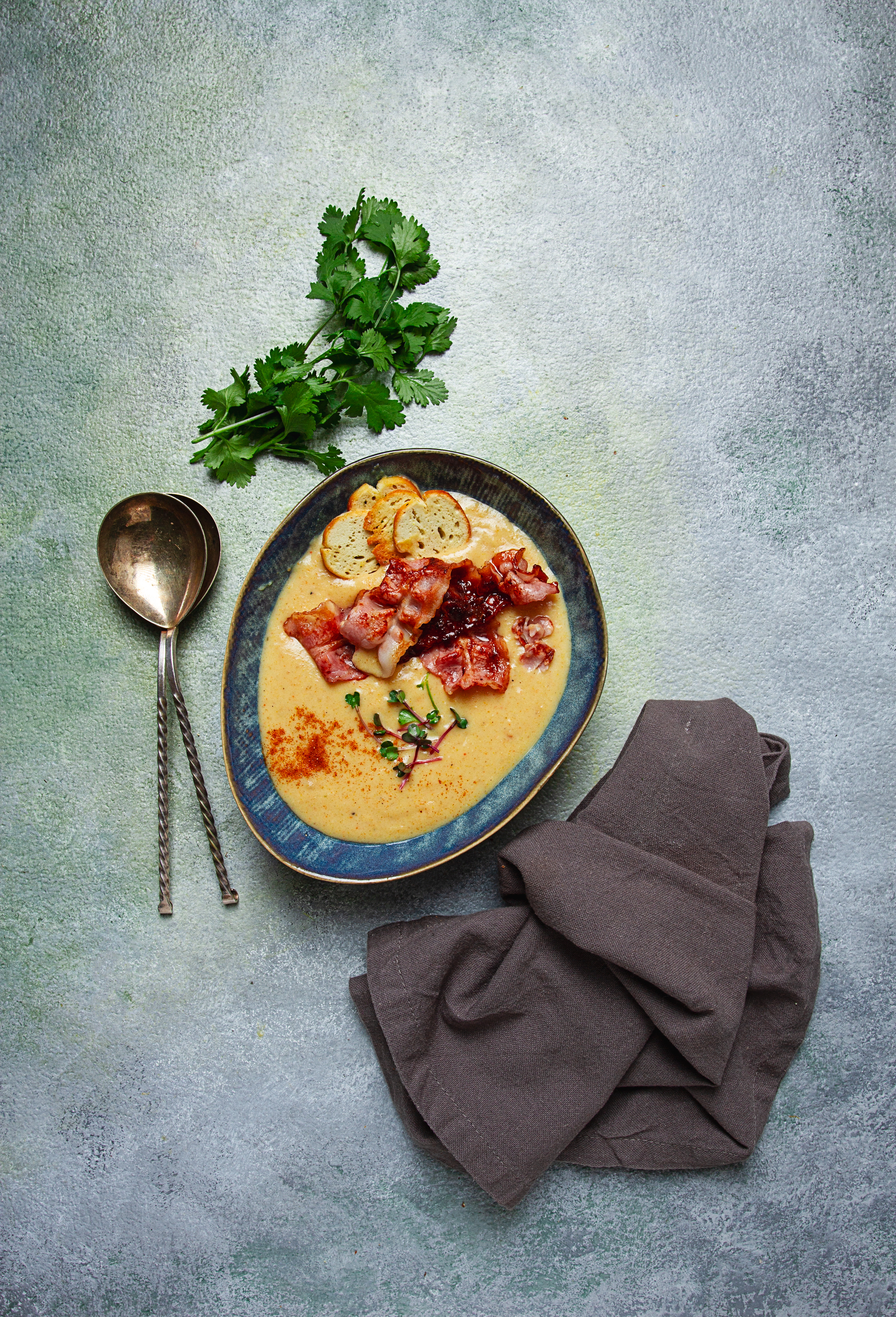 Creamy Luxembourgish Bouneschlupp — Soup served and photographed from above