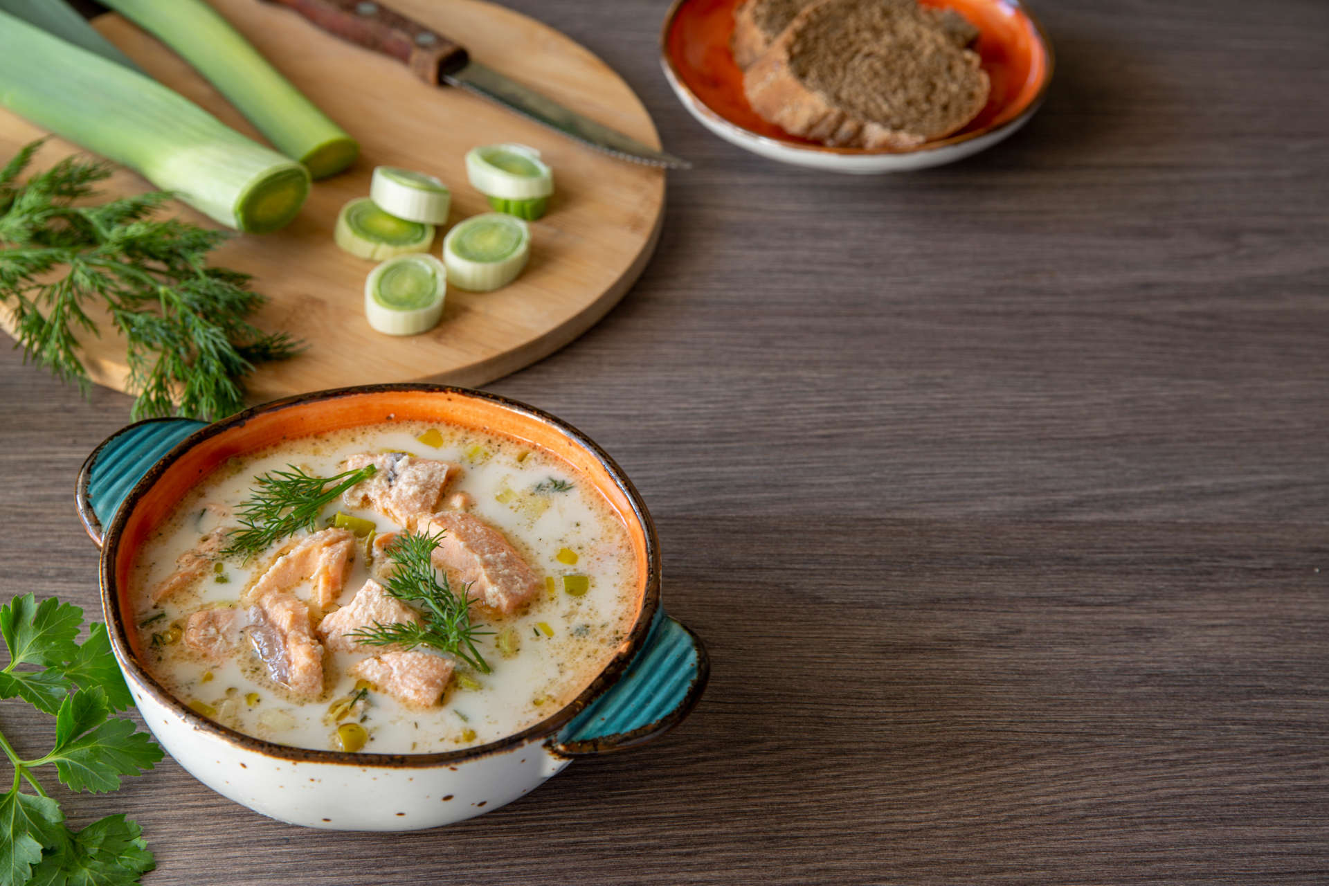 Creamy Malaysian Soto Ayam with Lemongrass and Coconut Milk — Soup served and photographed from above