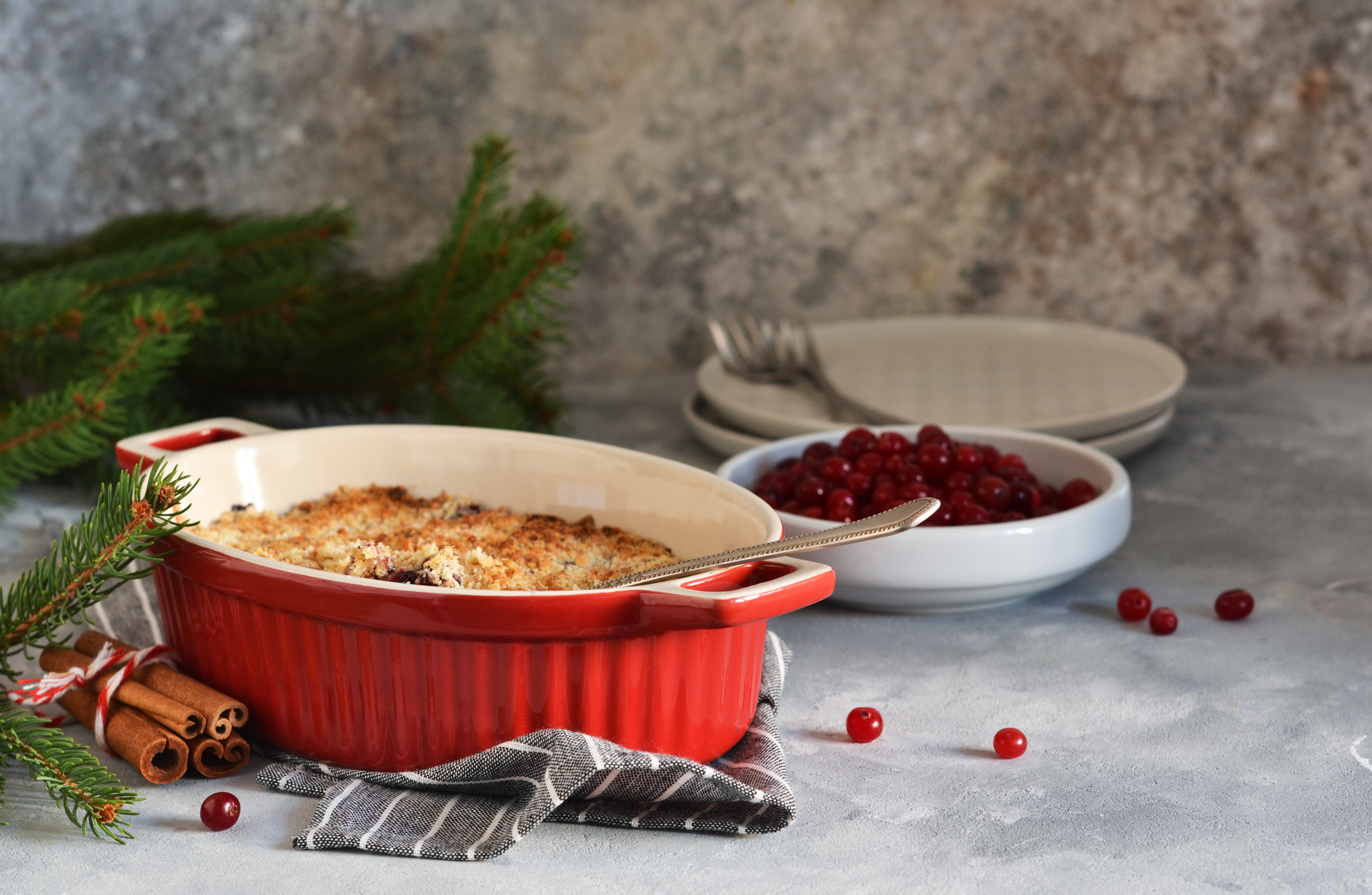 Overhead flat-lay of all ingredients for Creamy Norwegian Reinsdyrgryte with Wild Lingonberries laid out on a kitchen surface.
