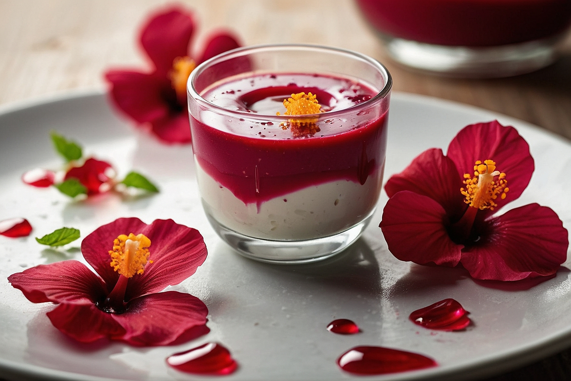 Creamy Sudanese Karkadeh with Hibiscus and Mint — Beverage served and photographed from above