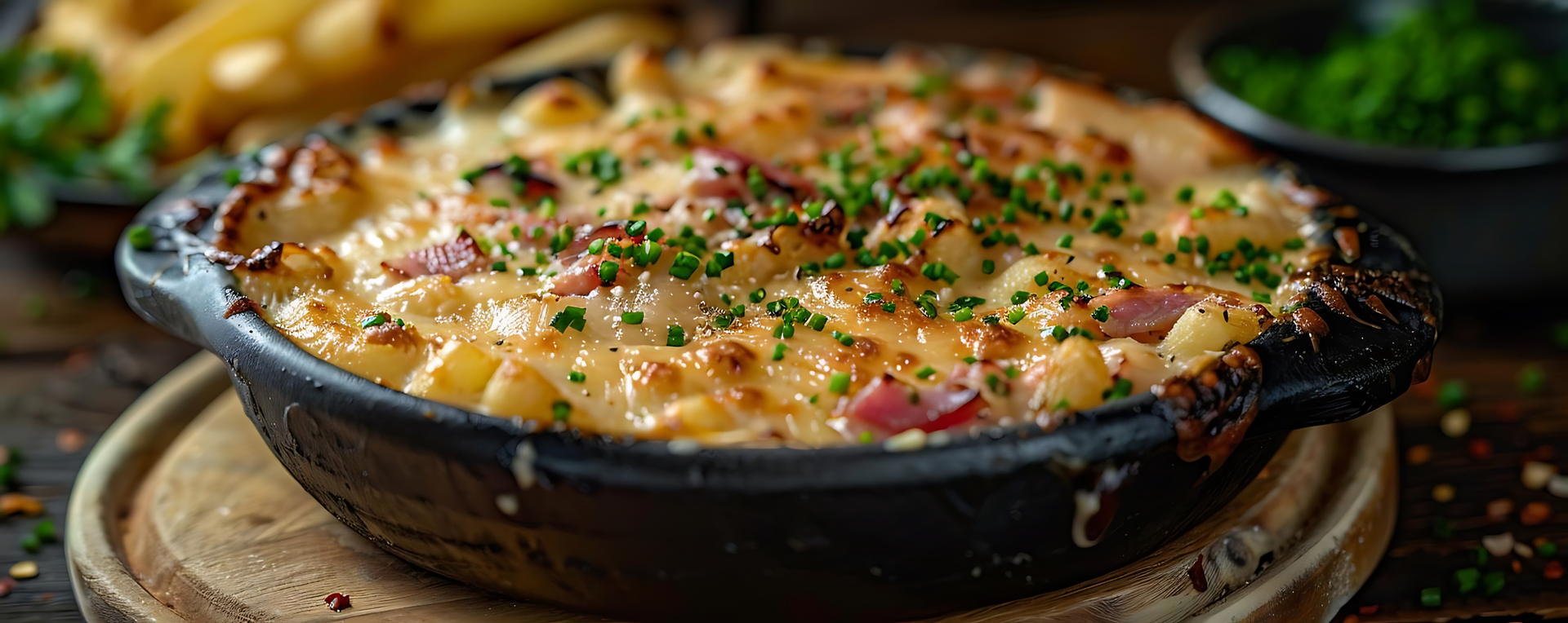 Overhead flat-lay of all ingredients for Creamy Swedish Hasselback Potato Gratin with Gruyere and Caramelized Shallots laid out on a kitchen surface.