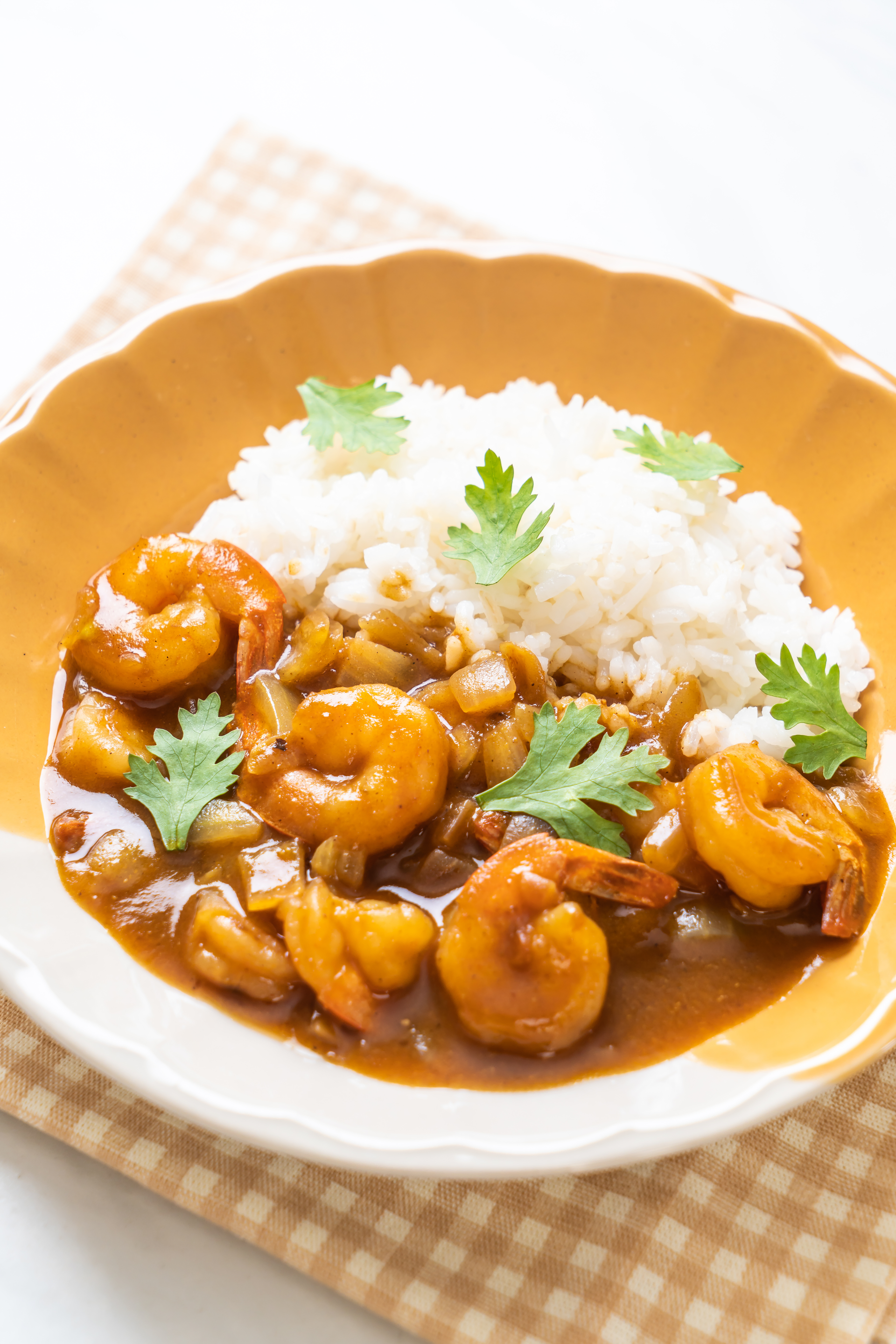 Creole Shrimp Étouffée with Rice and Celery — Main Course served and photographed from above