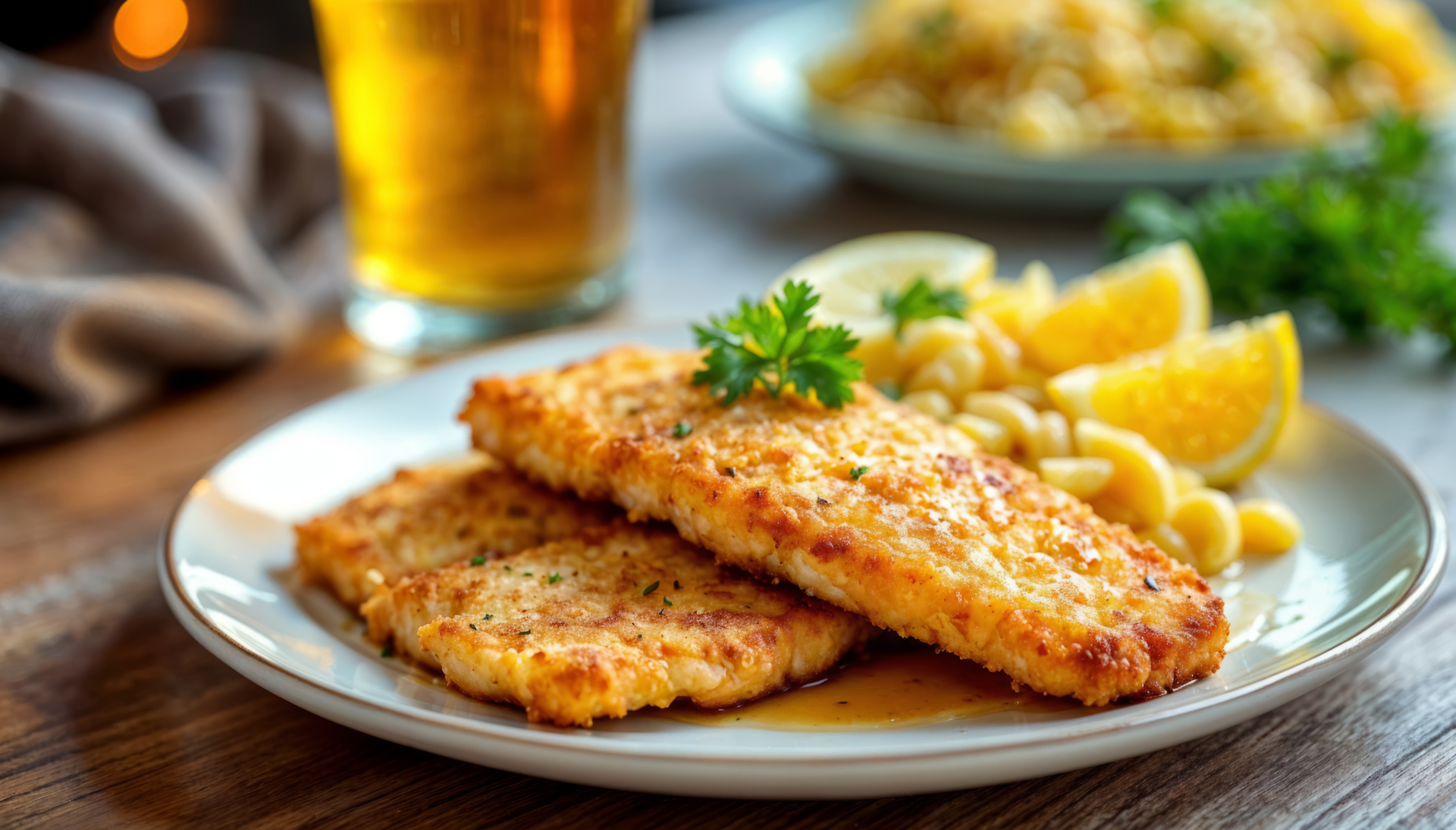 Overhead flat-lay of all ingredients for Crispy German Schnitzel with Lemon and Parsley laid out on a kitchen surface.