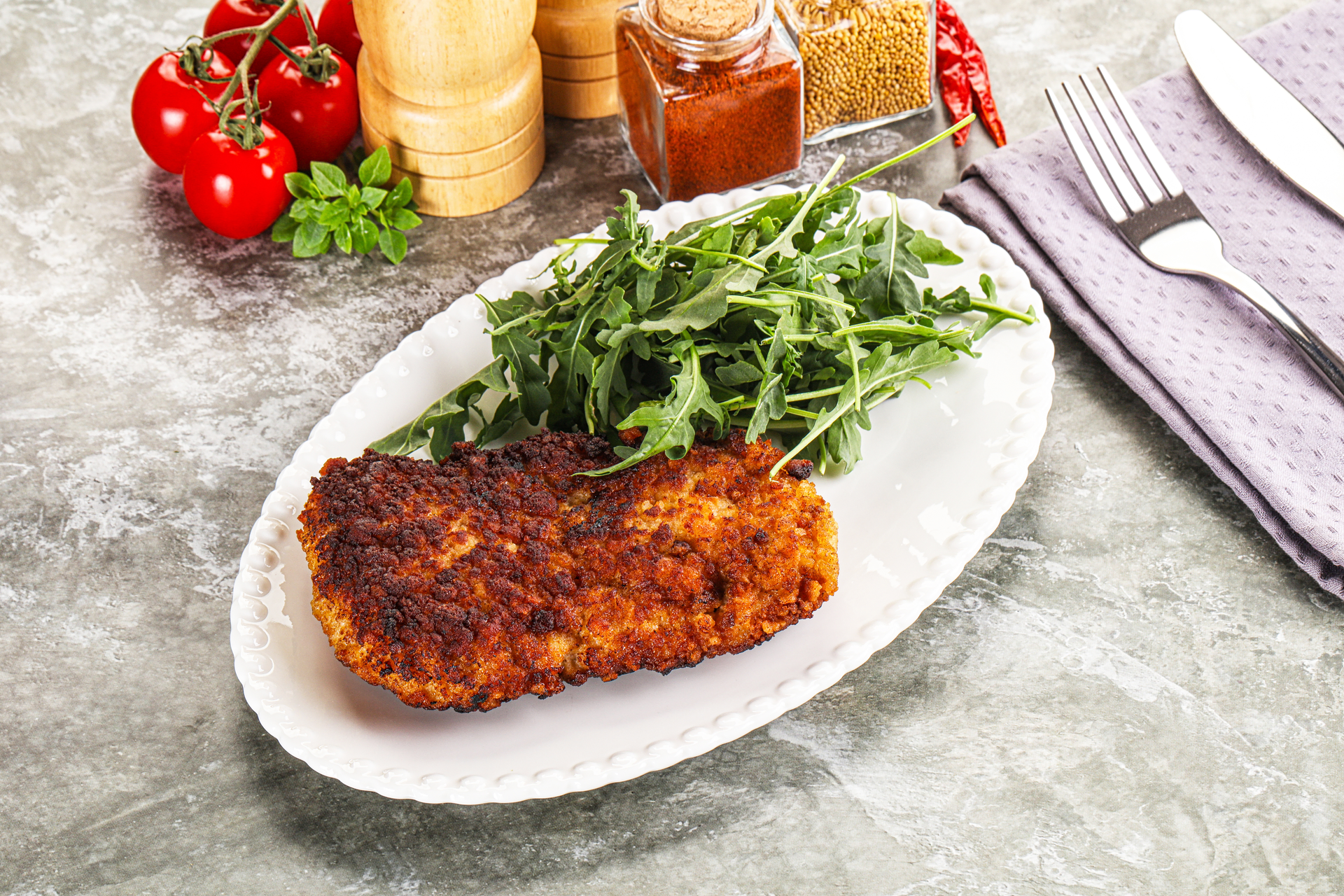 Crispy German Schnitzel with Lemon and Parsley — Main Course served and photographed from above