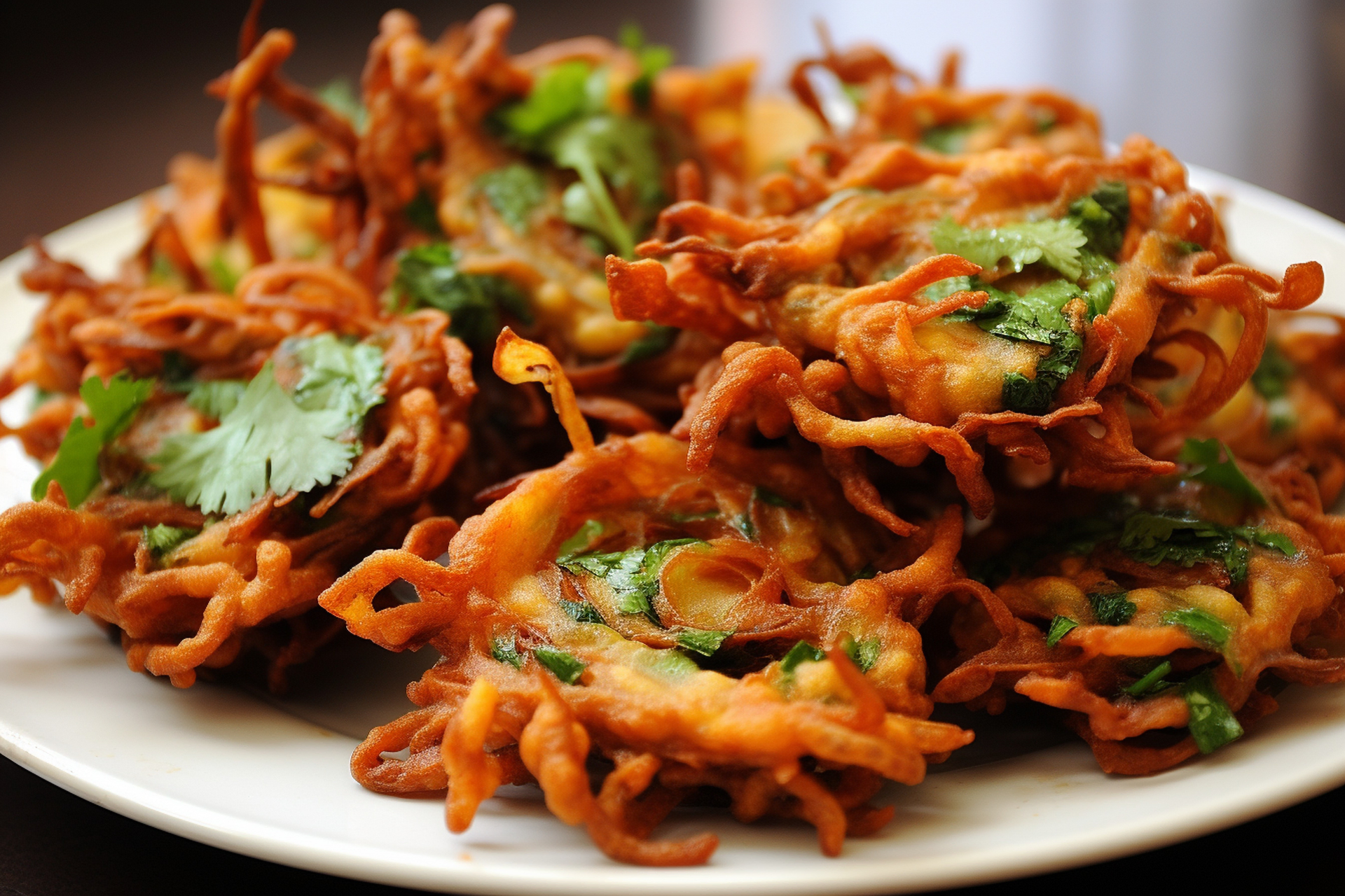 Overhead flat-lay of all ingredients for Crispy Indian Onion Bhaji with Turmeric and Cumin laid out on a kitchen surface.