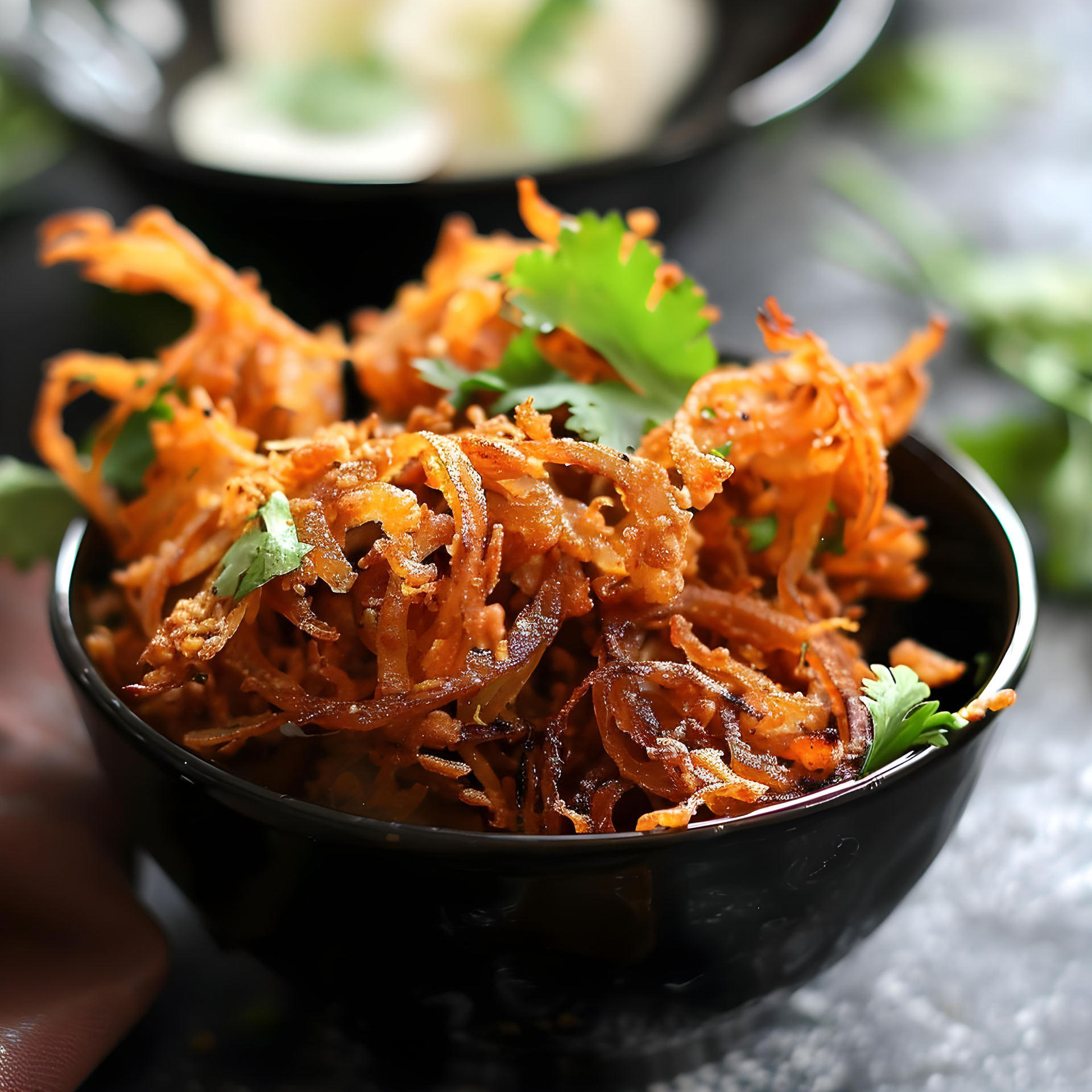 Crispy Indian Onion Bhaji with Turmeric and Cumin — Appetizer served and photographed from above