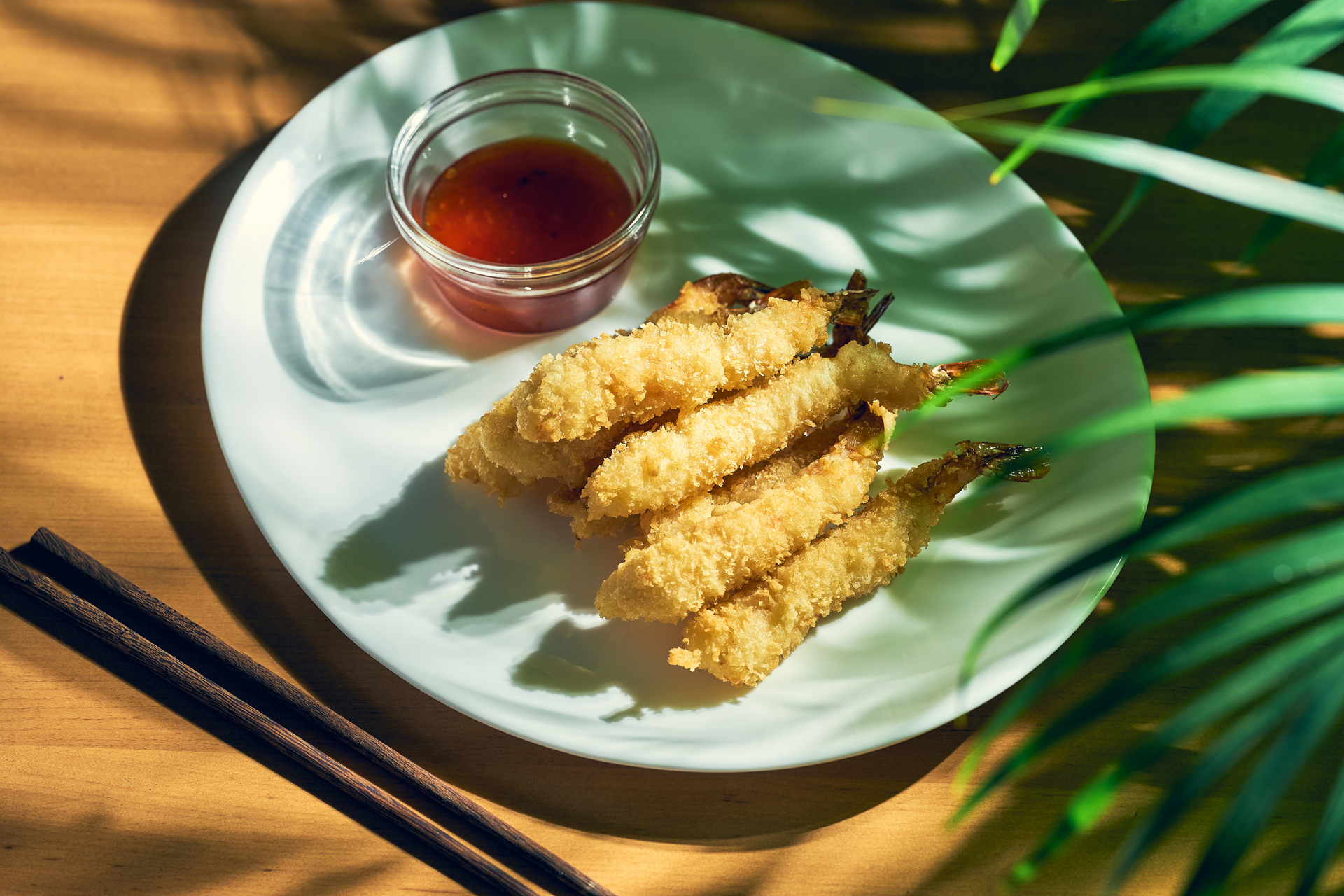 Overhead flat-lay of all ingredients for Crispy Japanese Tempura with Sweet Soy Dipping Sauce laid out on a kitchen surface.