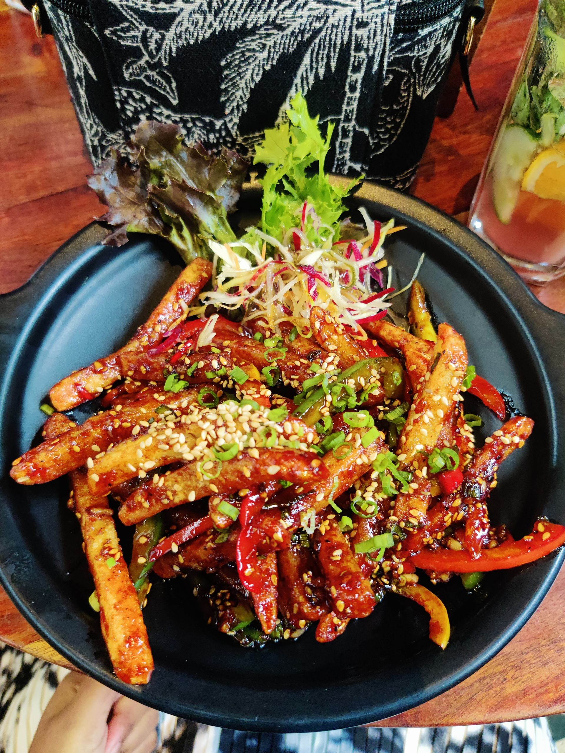 Crispy Korean Galbi Fries with Kimchi and Cheese — Main Course served and photographed from above