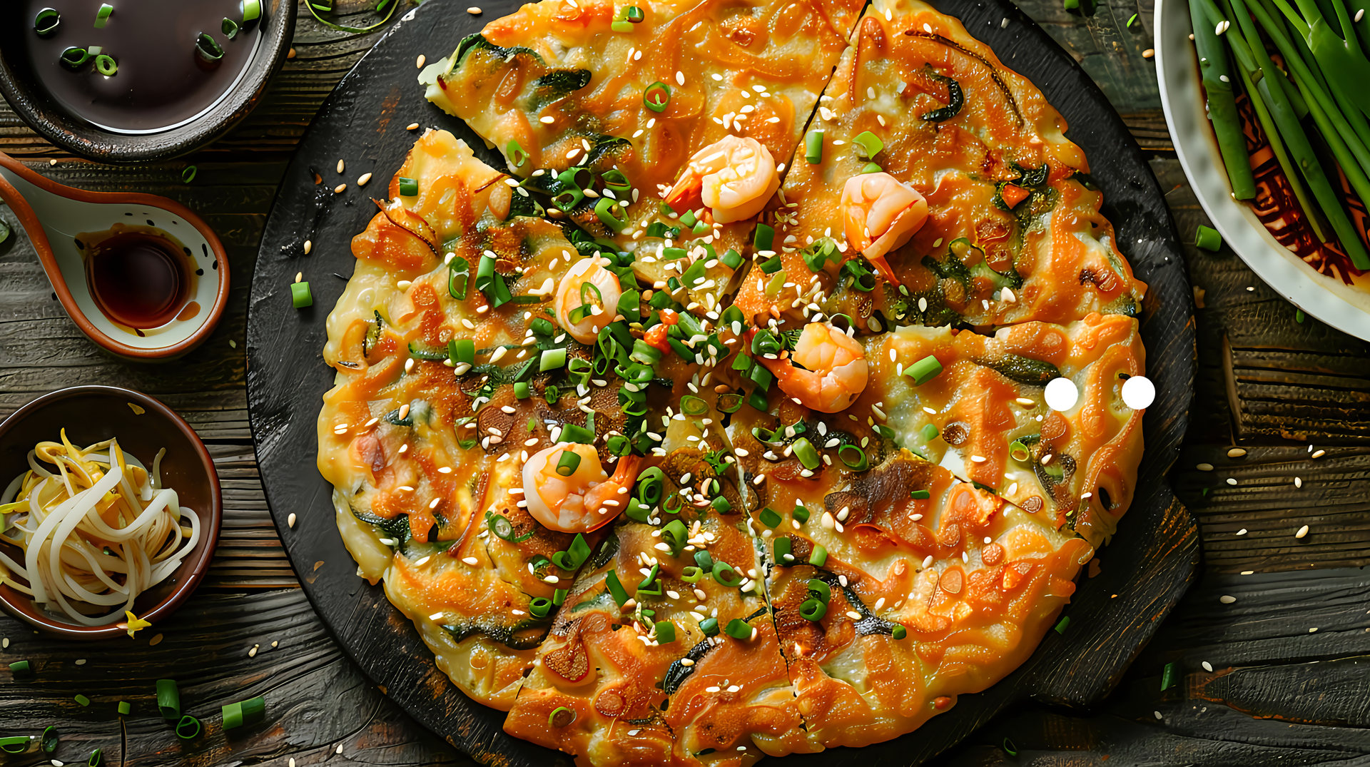 Overhead flat-lay of all ingredients for Crispy Korean Haemul Pajeon with Seafood and Scallions laid out on a kitchen surface.