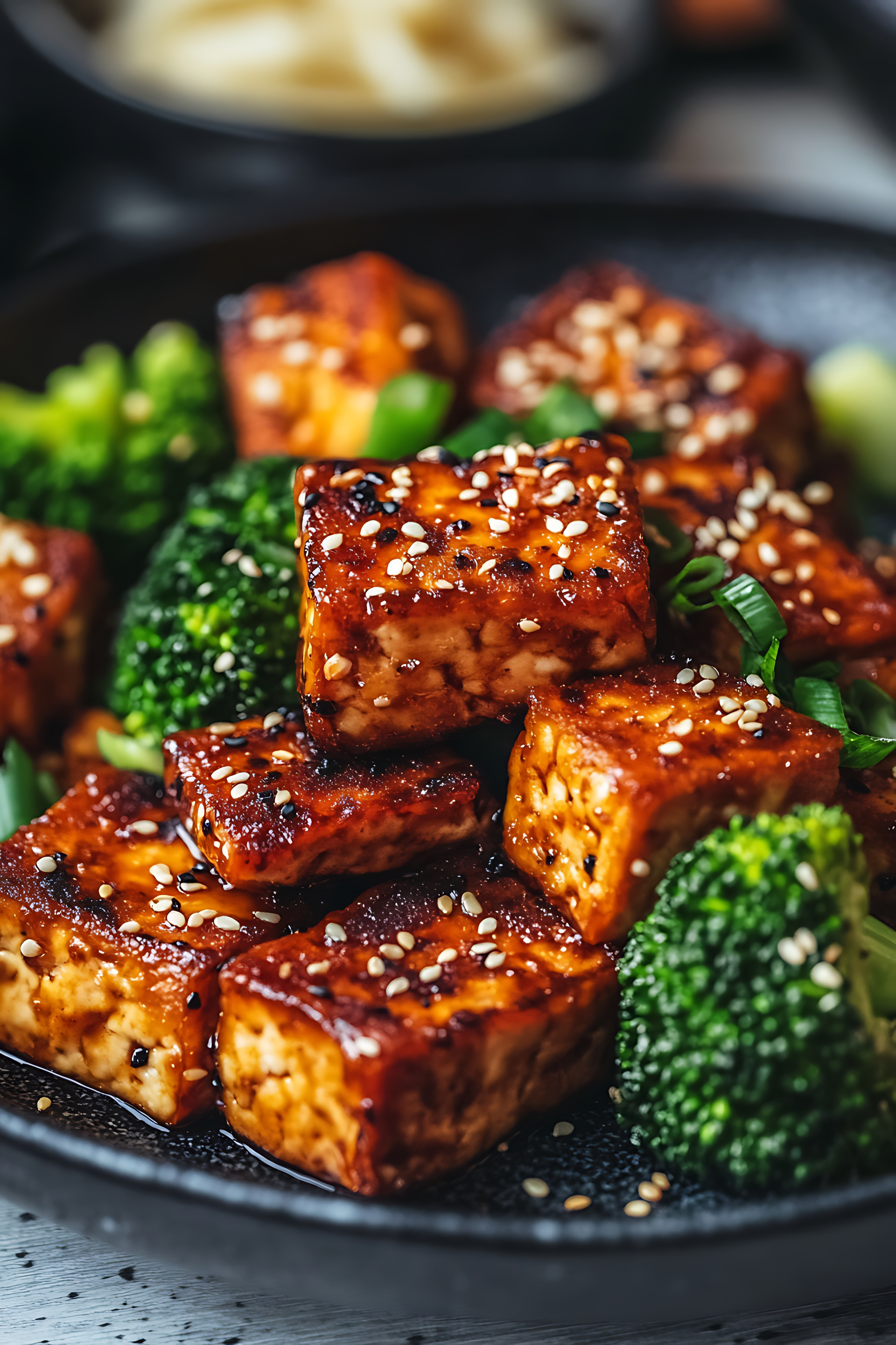 Crispy Teriyaki Tofu Bites with Sesame Ginger Drizzle — Appetizer served and photographed from above