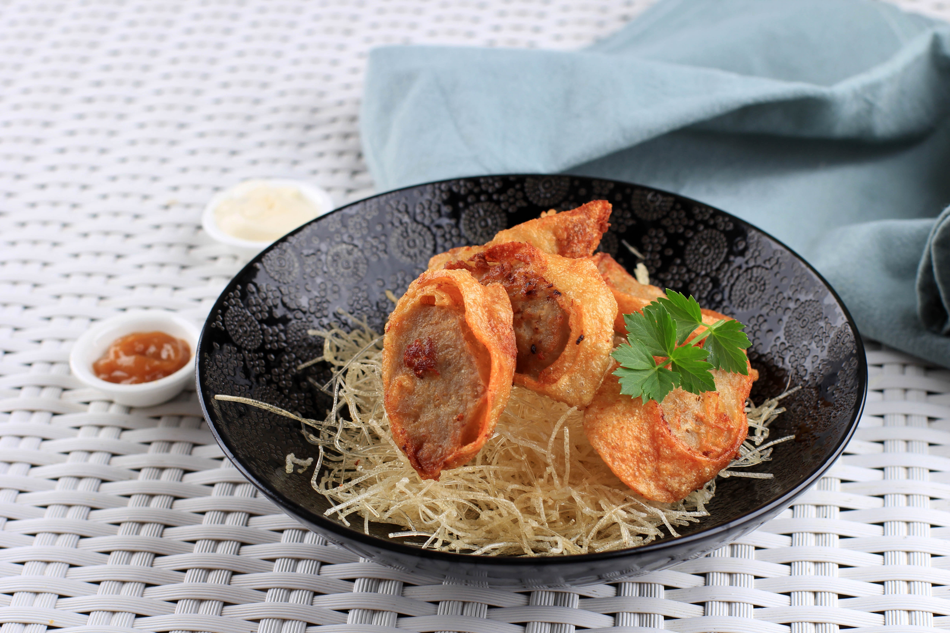 Overhead flat-lay of all ingredients for Crispy Vietnamese Banh Bot Loc with Shrimp and Pork laid out on a kitchen surface.