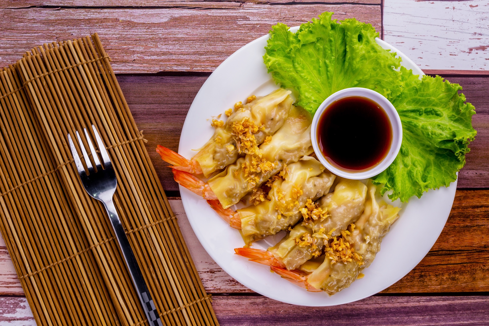 Crispy Vietnamese Banh Bot Loc with Shrimp and Pork — Appetizer served and photographed from above