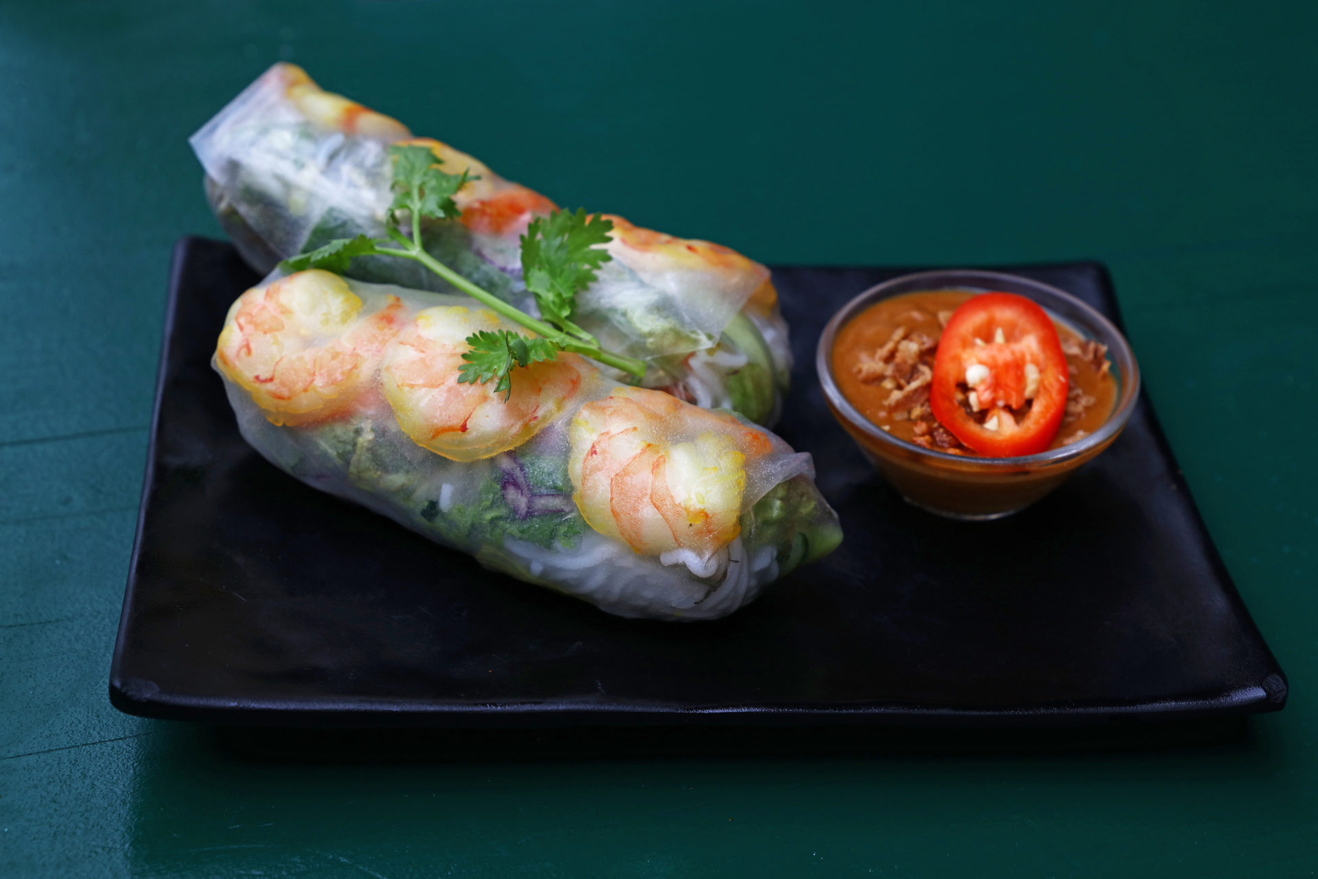 Crispy Vietnamese Saigon Shrimp Rolls with Minty Veggie Medley — Appetizer served and photographed from above