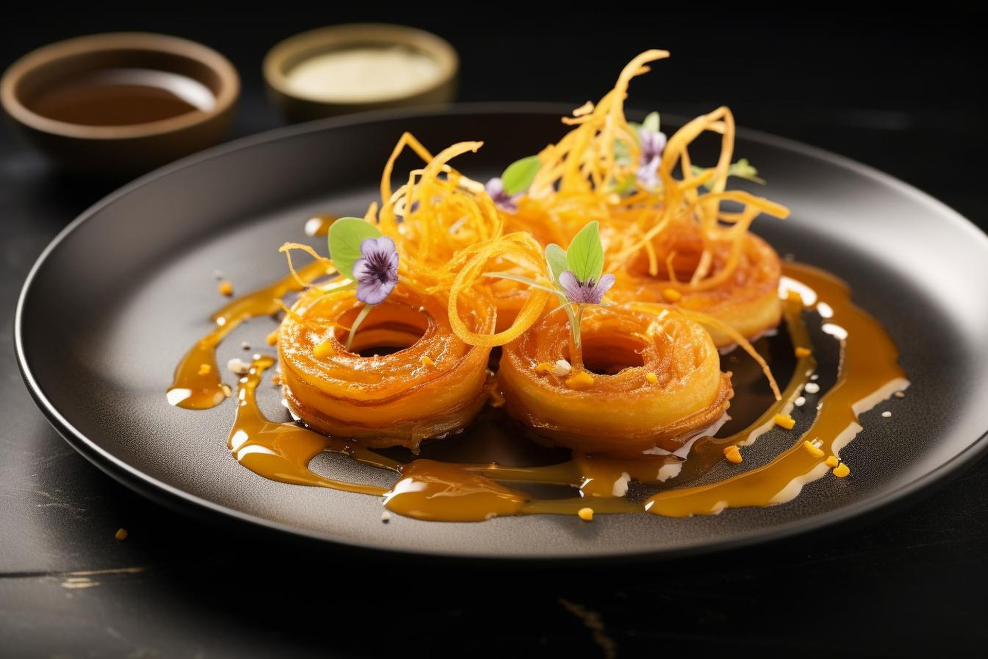 Overhead flat-lay of all ingredients for Crunchy Japanese Tempura Onion Rings with Yuzu Ponzu laid out on a kitchen surface.