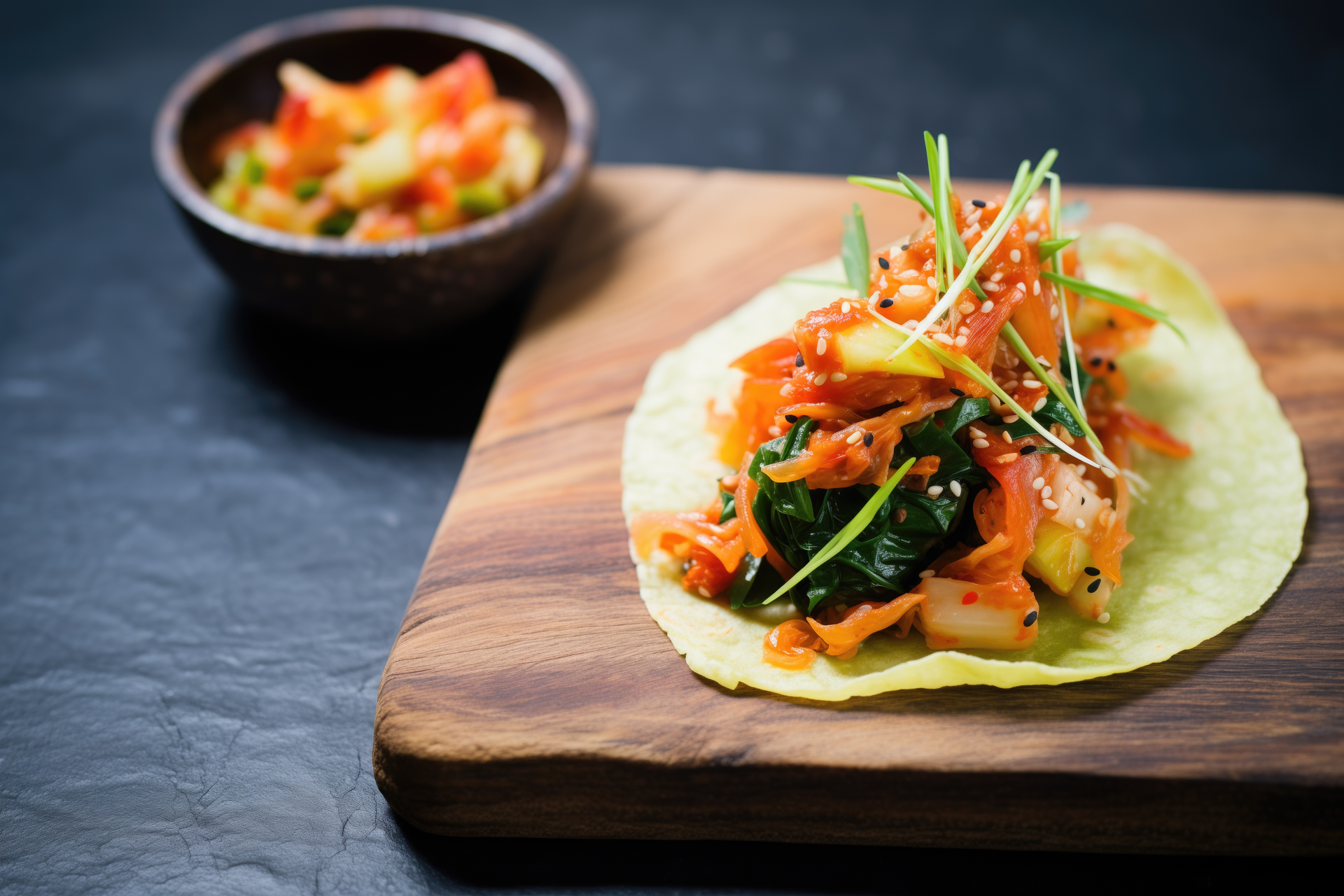 Crunchy Korean Kimchi Pork Tacos with Scallion Salsa
