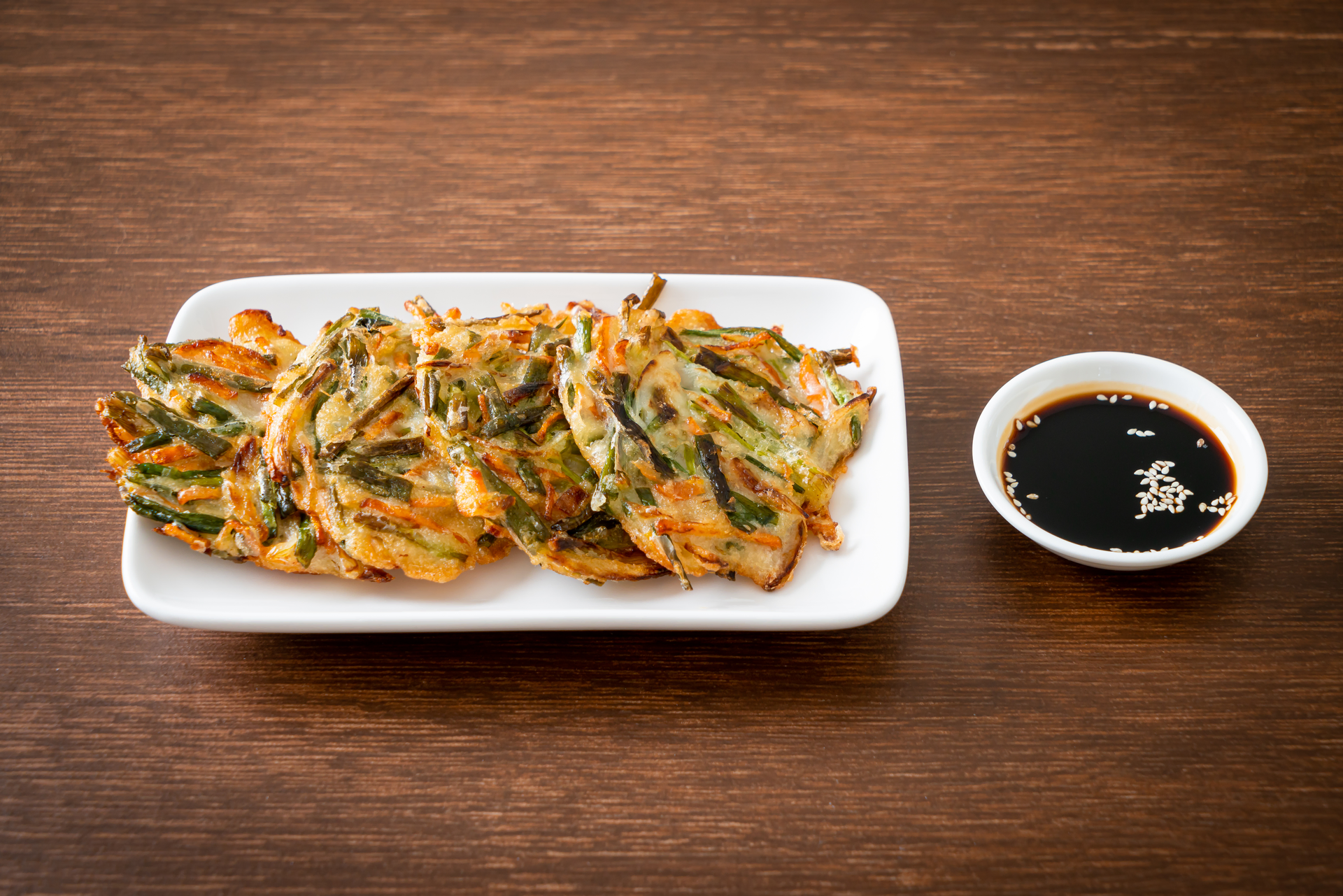 Crunchy Korean Kimchi Tempura with Sesame Dip — Appetizer served and photographed from above