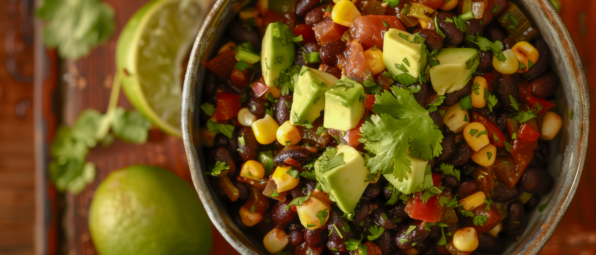 Overhead flat-lay of all ingredients for Cuban Black Bean and Corn Salsa with Cilantro Lime Dressing laid out on a kitchen surface.
