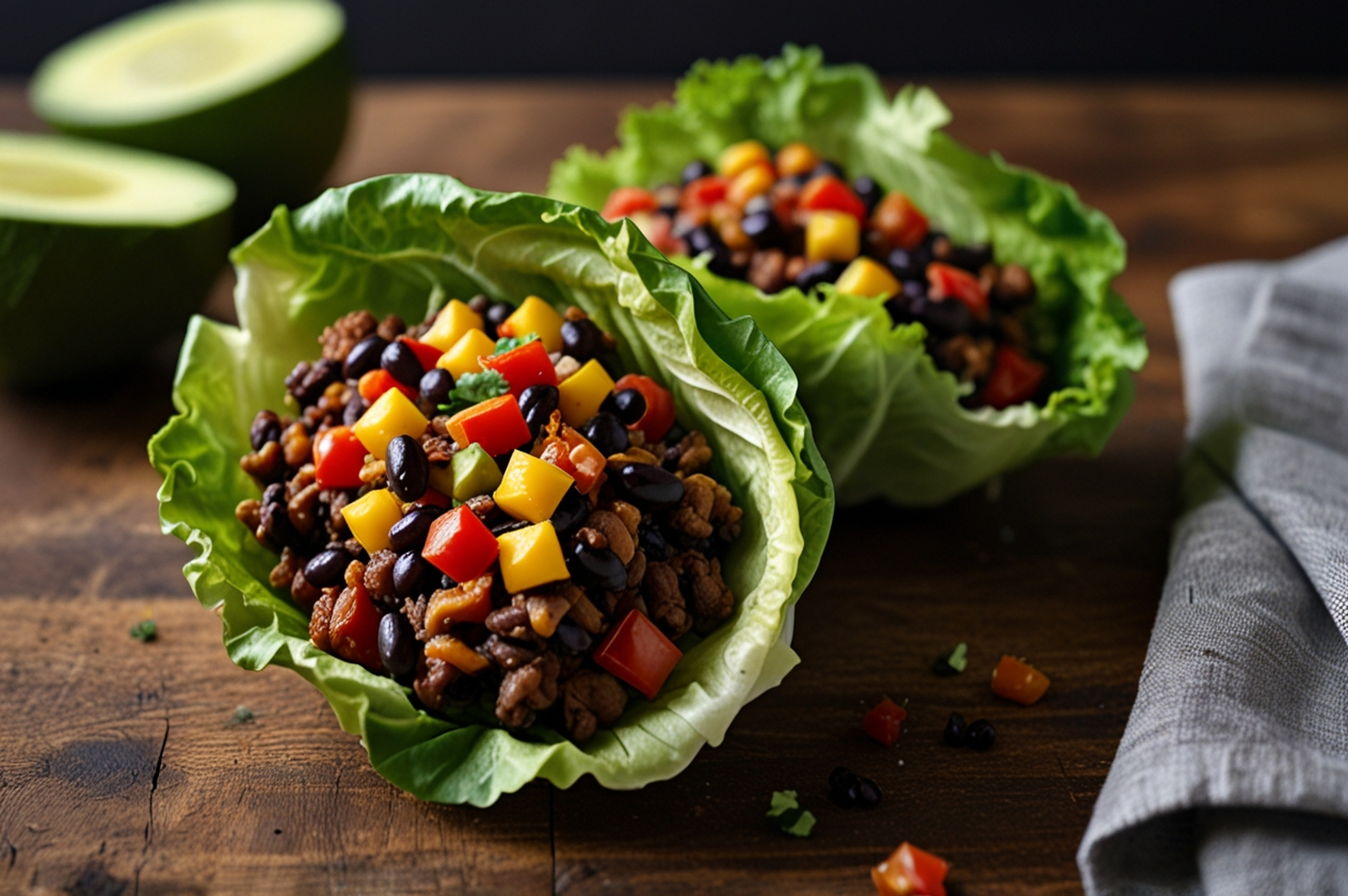 Overhead flat-lay of all ingredients for Cuban Black Bean Tacos with Sweet Plantain Pico de Gallo laid out on a kitchen surface.