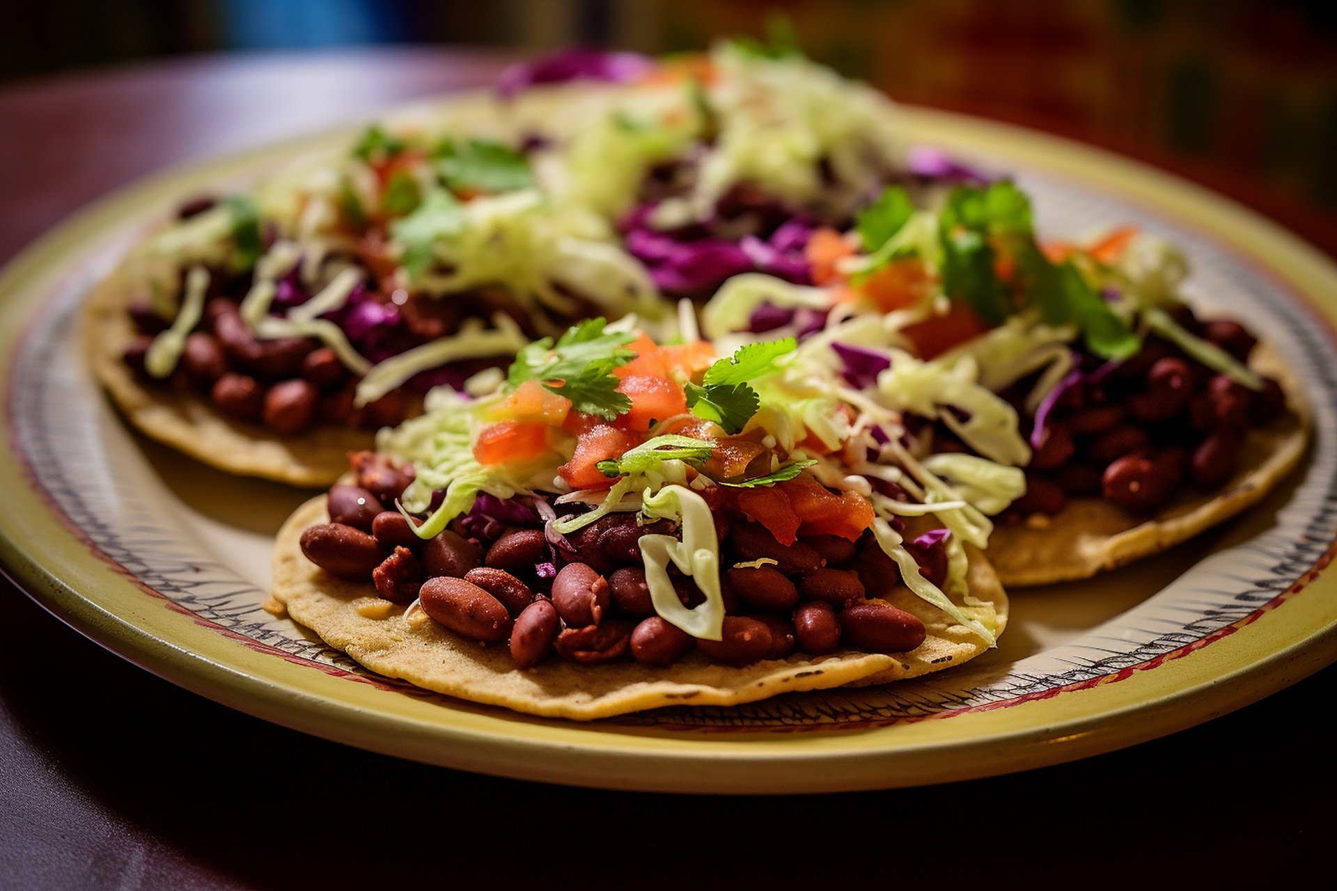 Cuban Black Bean Tacos with Sweet Plantain Pico de Gallo — Main Course served and photographed from above