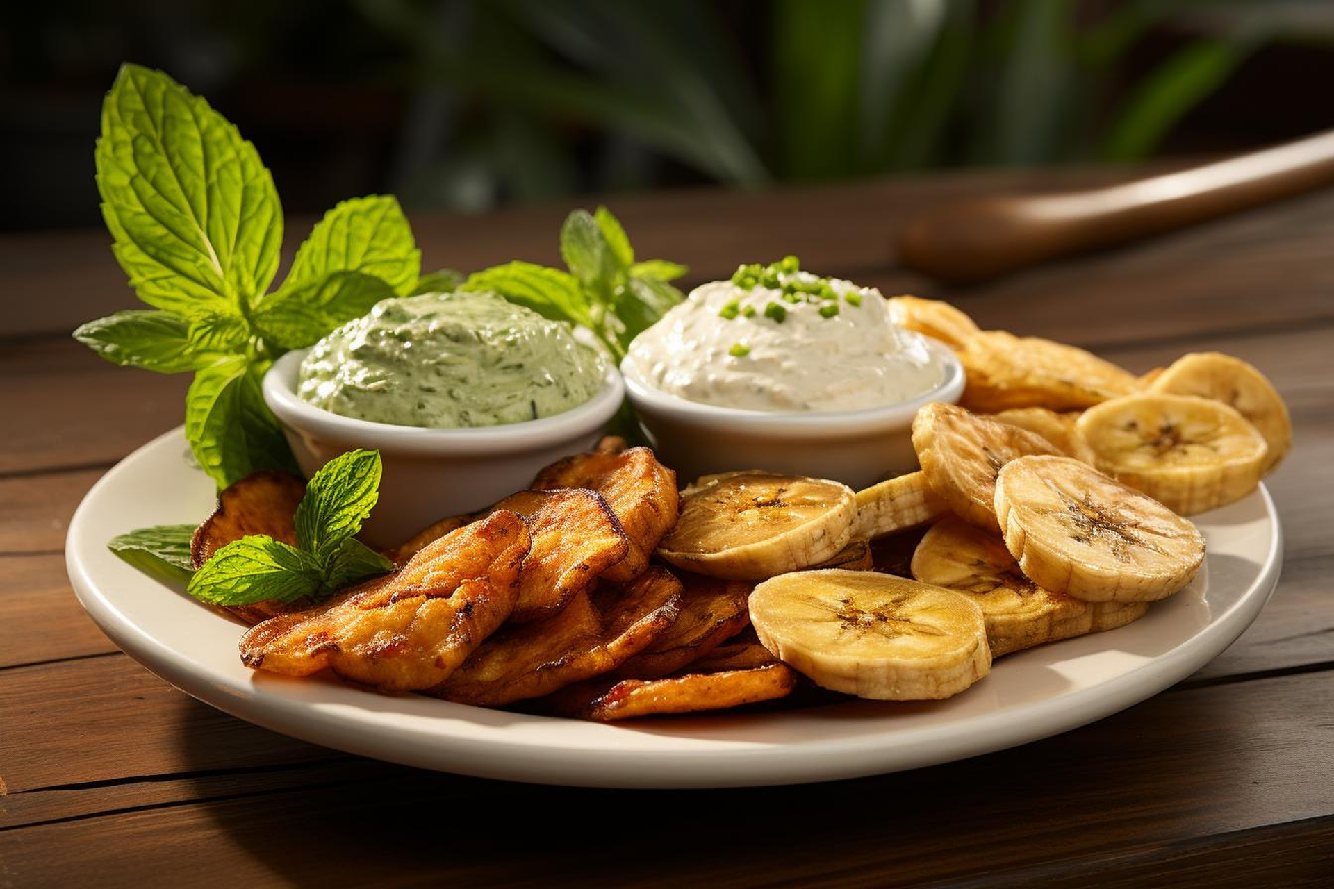 Overhead flat-lay of all ingredients for Cuban Marinated Green Plantain Frita with Lime Aioli laid out on a kitchen surface.