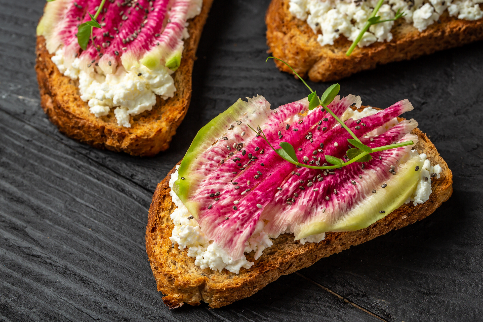 Danish Rye Bread Open-Sandwich with Horseradish Cream and Pickled Beets — Lunch served and photographed from above