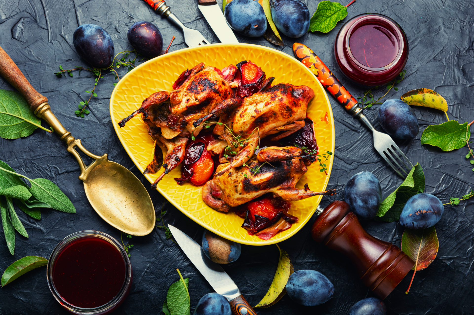 Decadent Belgian Cherry Beer Glazed Duck with Juniper Berries — Main Course served and photographed from above