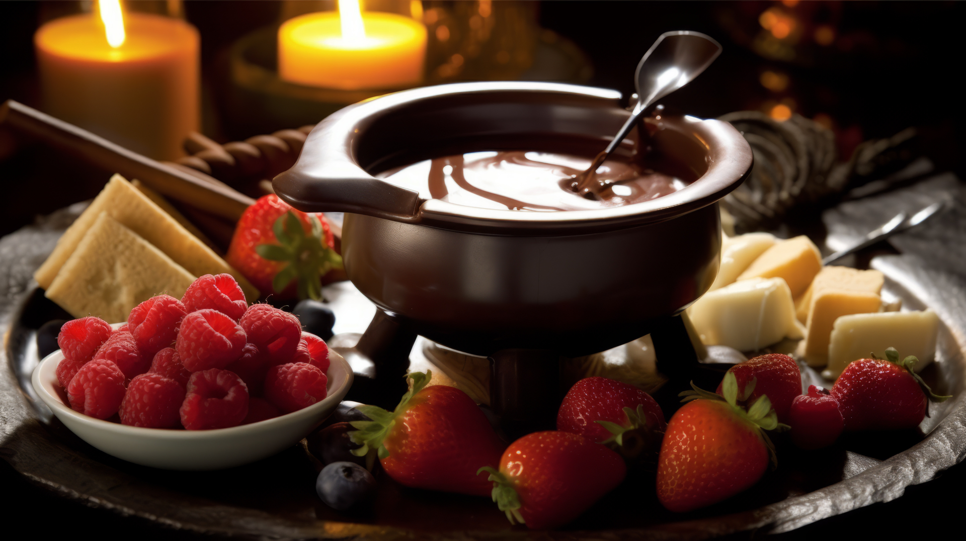 Overhead flat-lay of all ingredients for Decadent Swiss Chocolate Fondue with Seasonal Fruits laid out on a kitchen surface.
